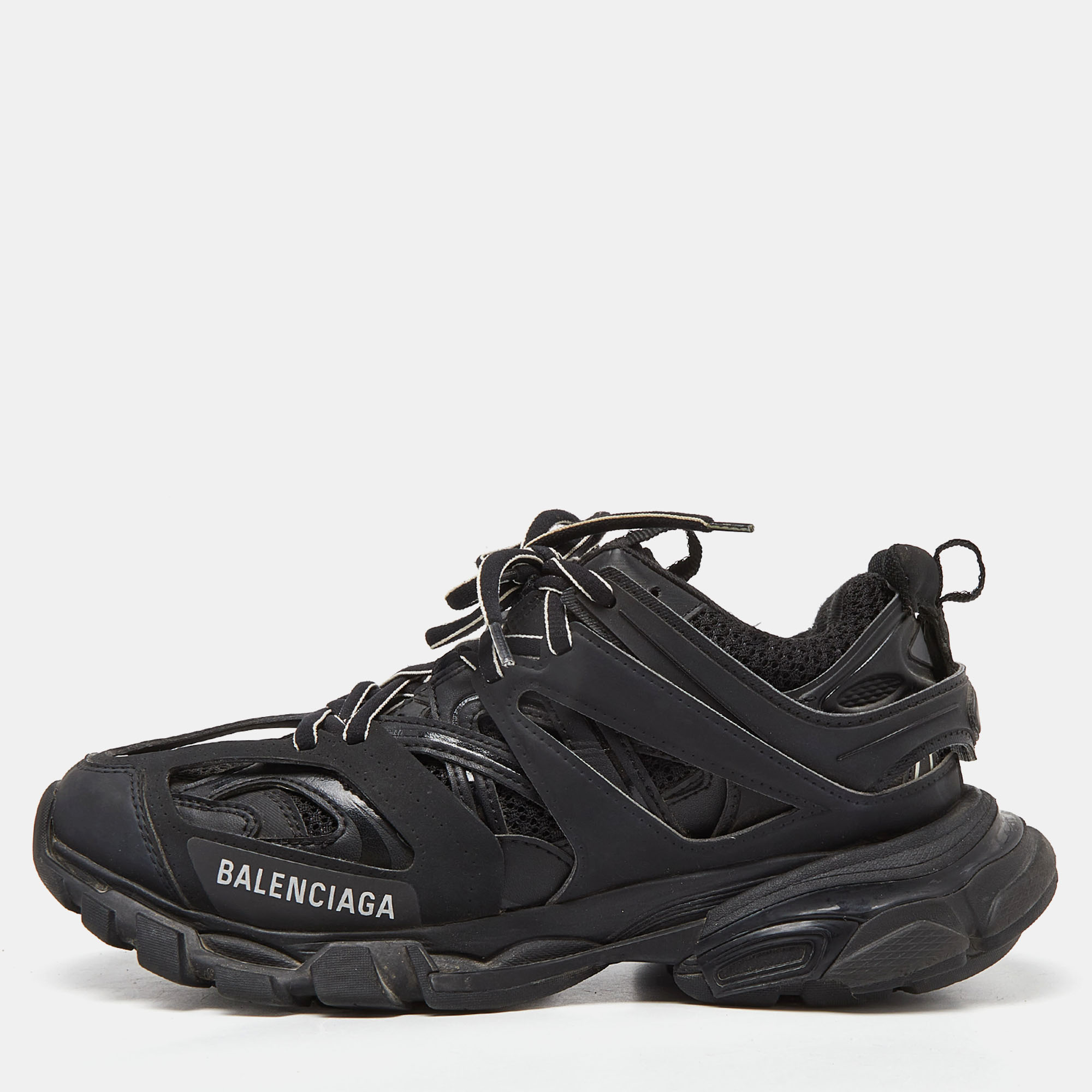 Pre-owned Balenciaga Black Mesh And Faux Leather Track Sneakers Size 38