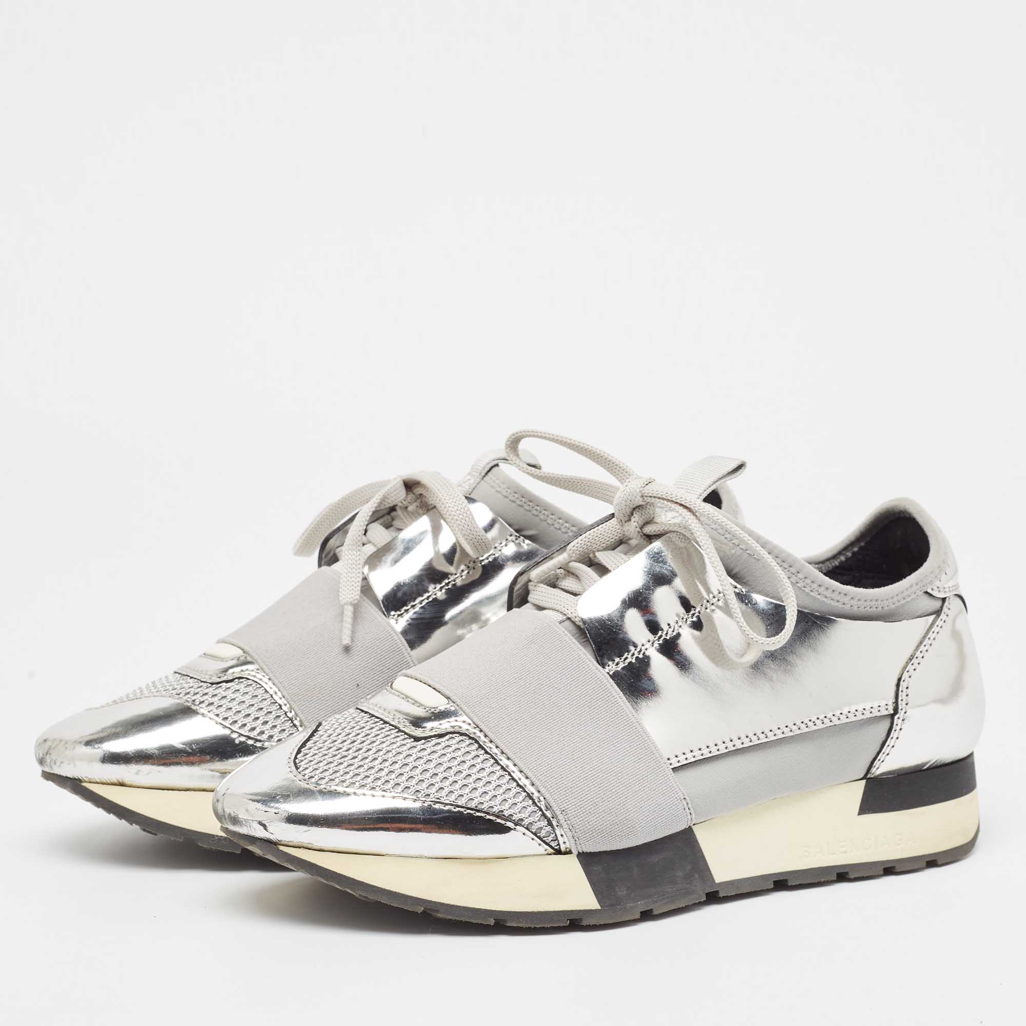 Balenciaga Silver Leather and Mesh Race Runner Sneakers Size 36 