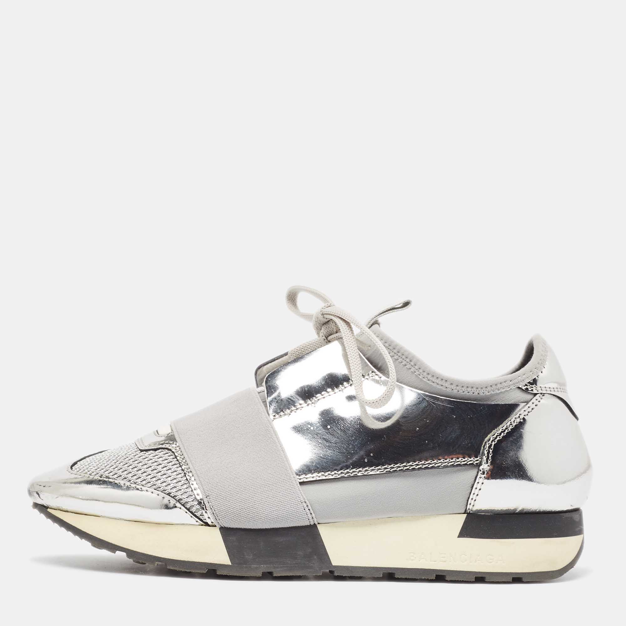 

Balenciaga Silver Leather and Mesh Race Runner Sneakers Size