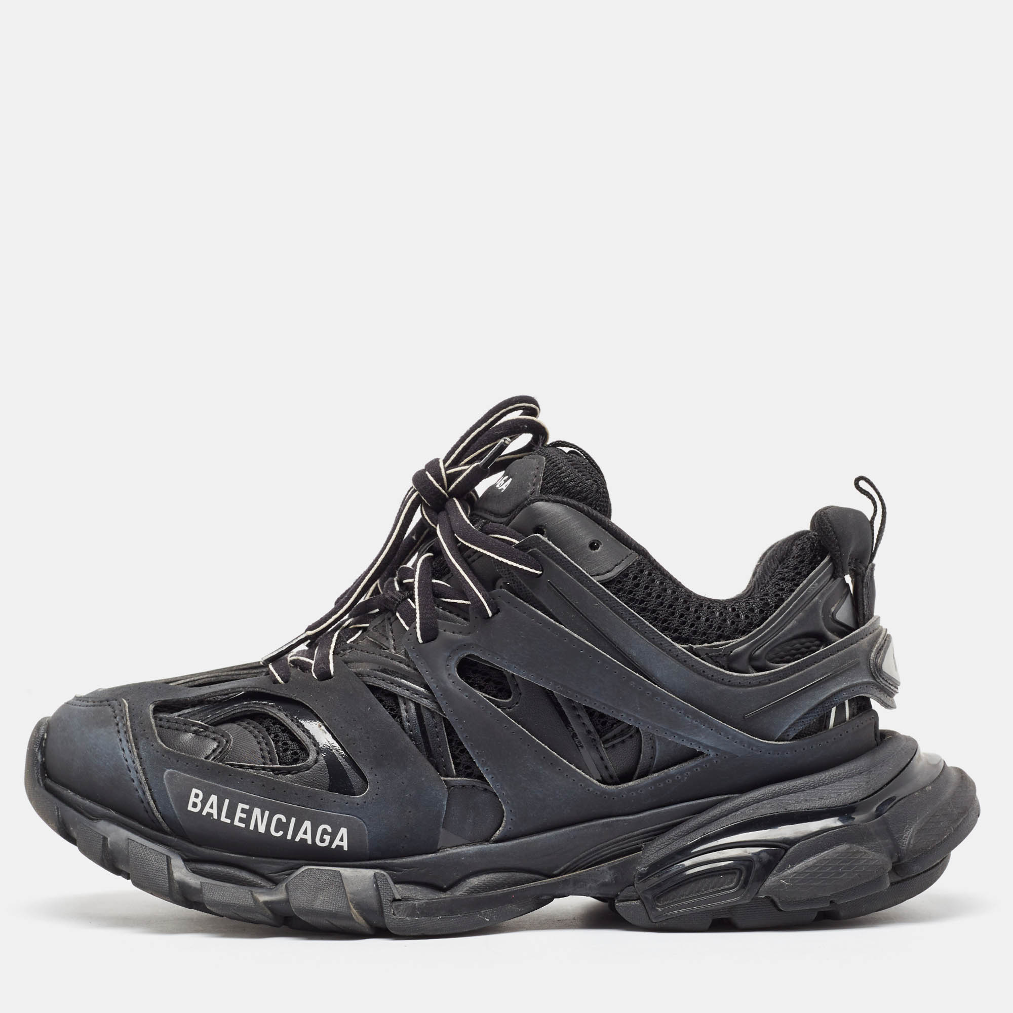 

Balenciaga Black Faux Leather Mesh Track Sneakers Size