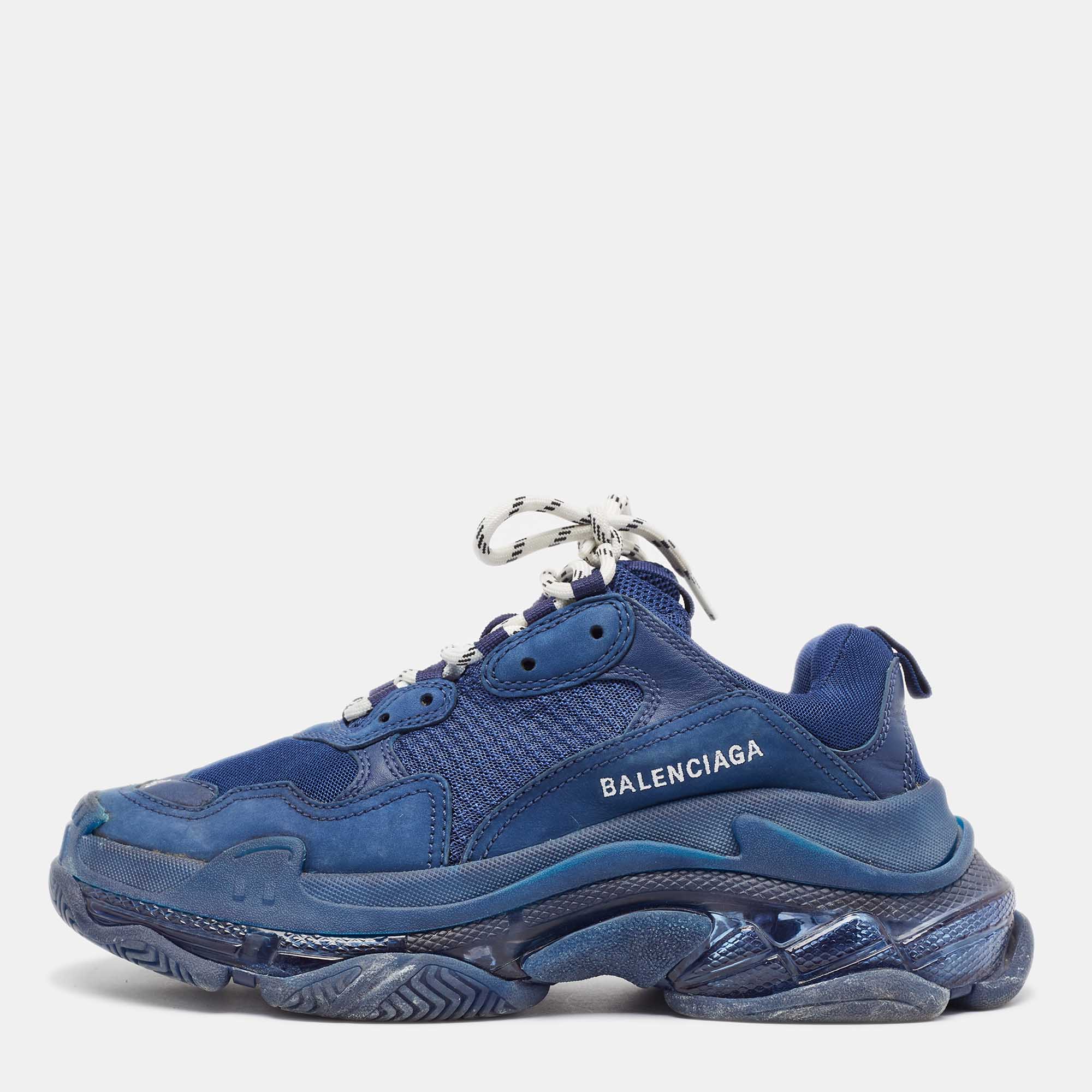 

Balenciaga Navy Blue Leather and Mesh Triple S Clear Sole Sneakers Size