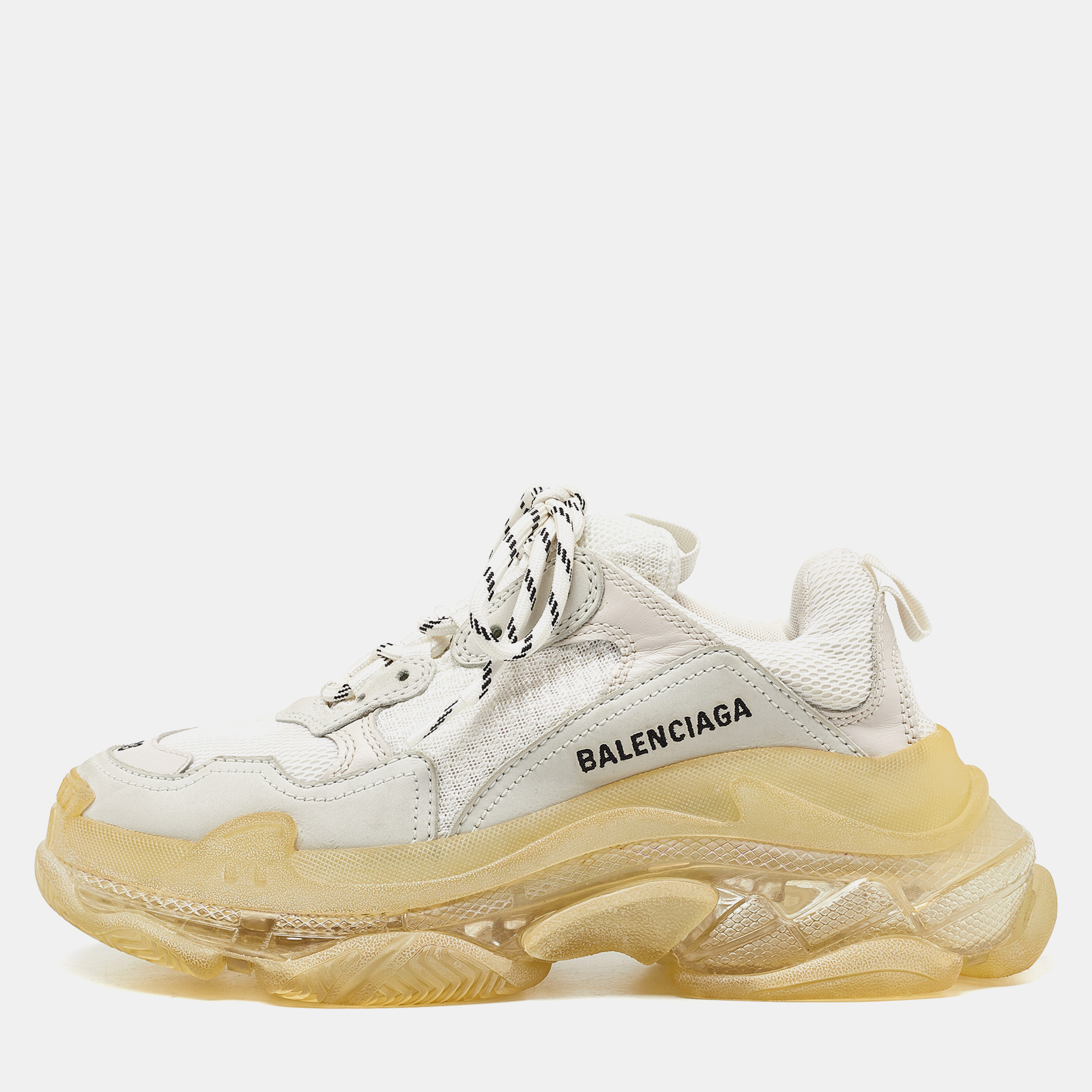 

Balenciaga Off White Leather and Mesh Triple S Clear Sneakers Size