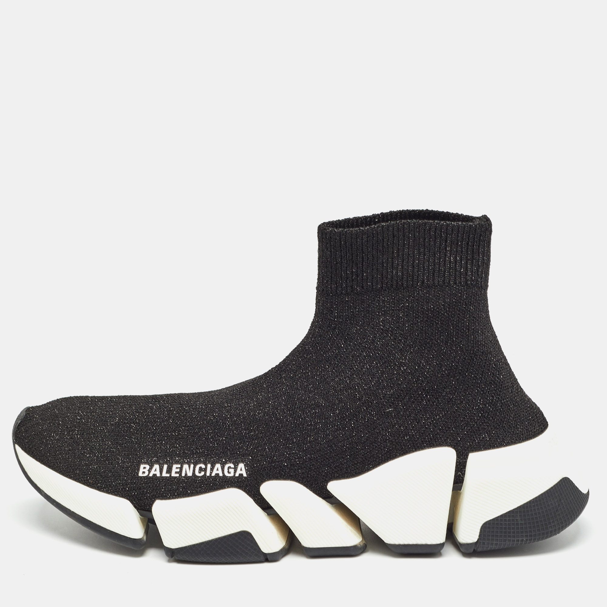 Pre-owned Balenciaga Black Glitter Knit Fabric Speed Trainer Sneakers Size 37