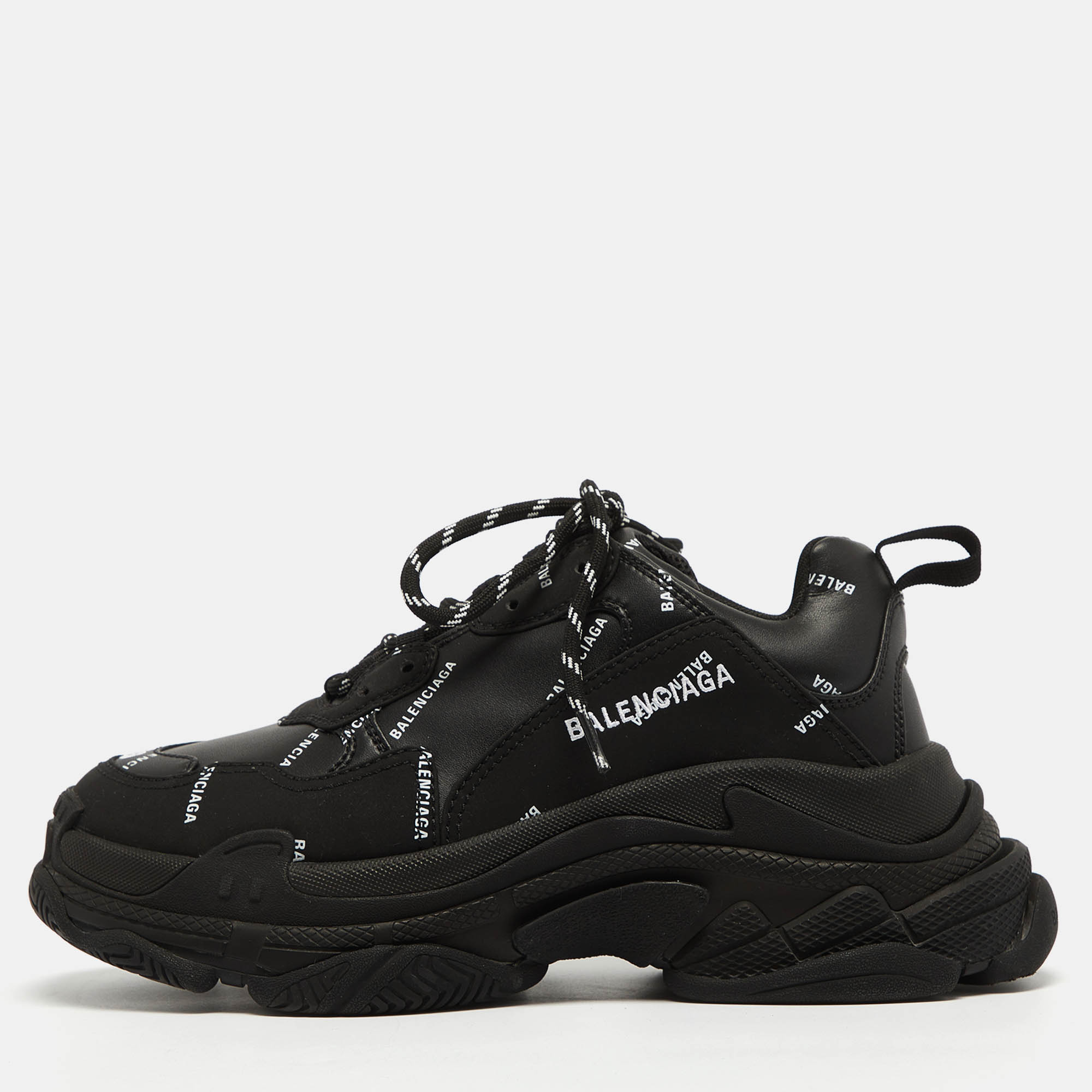 

Balenciaga Black Faux Leather Triple S All Over Logo Sneakers Size