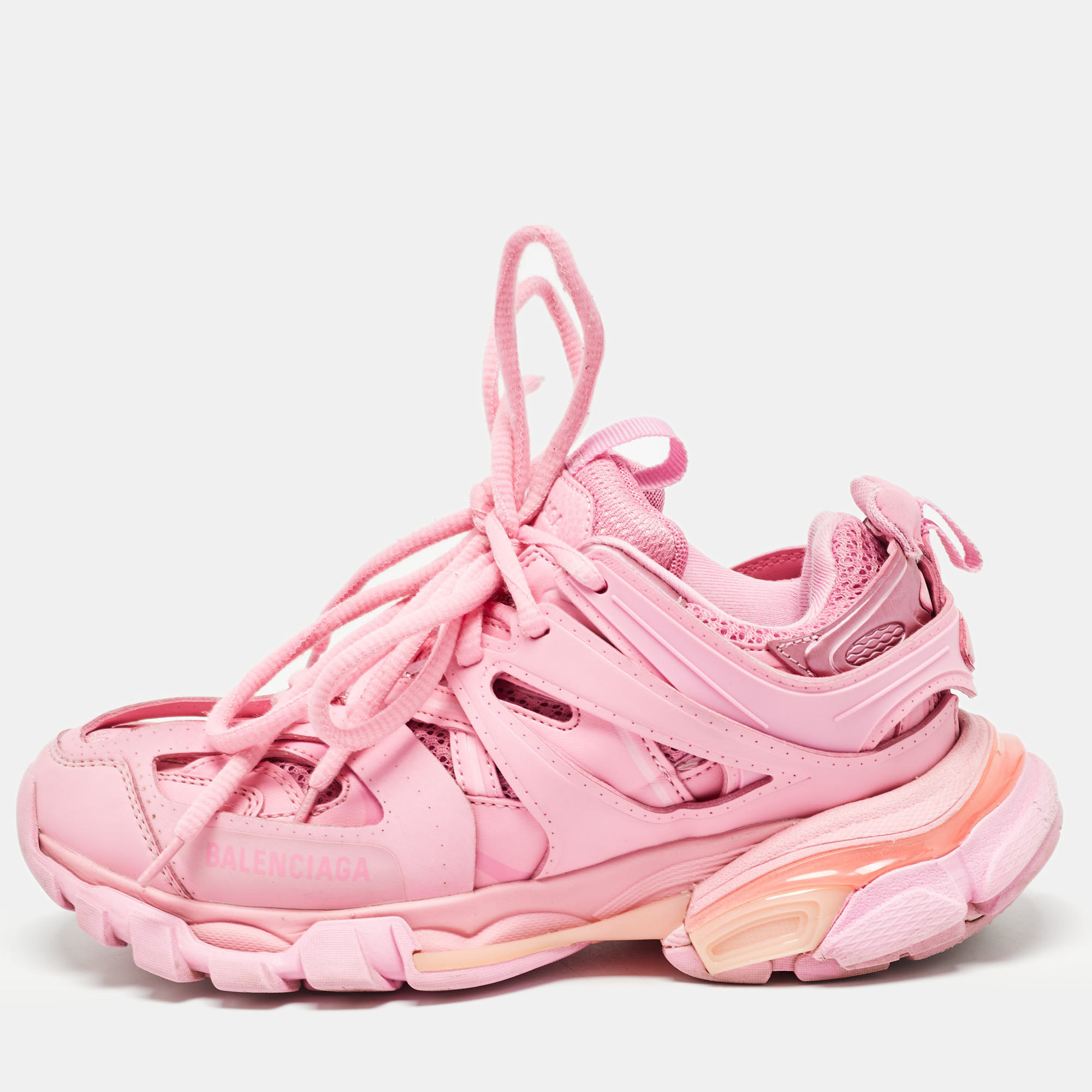 

Balenciaga Pink Faux Leather and Mesh Track Sneakers Size