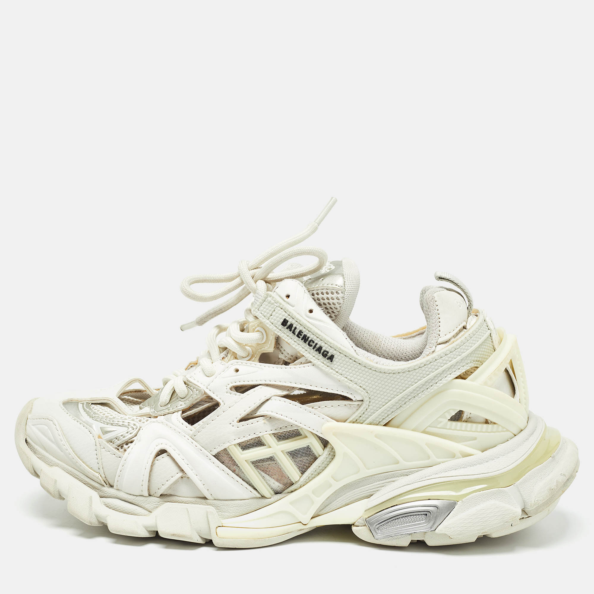 

Balenciaga White/Grey Leather and Mesh Track Sneakers Size