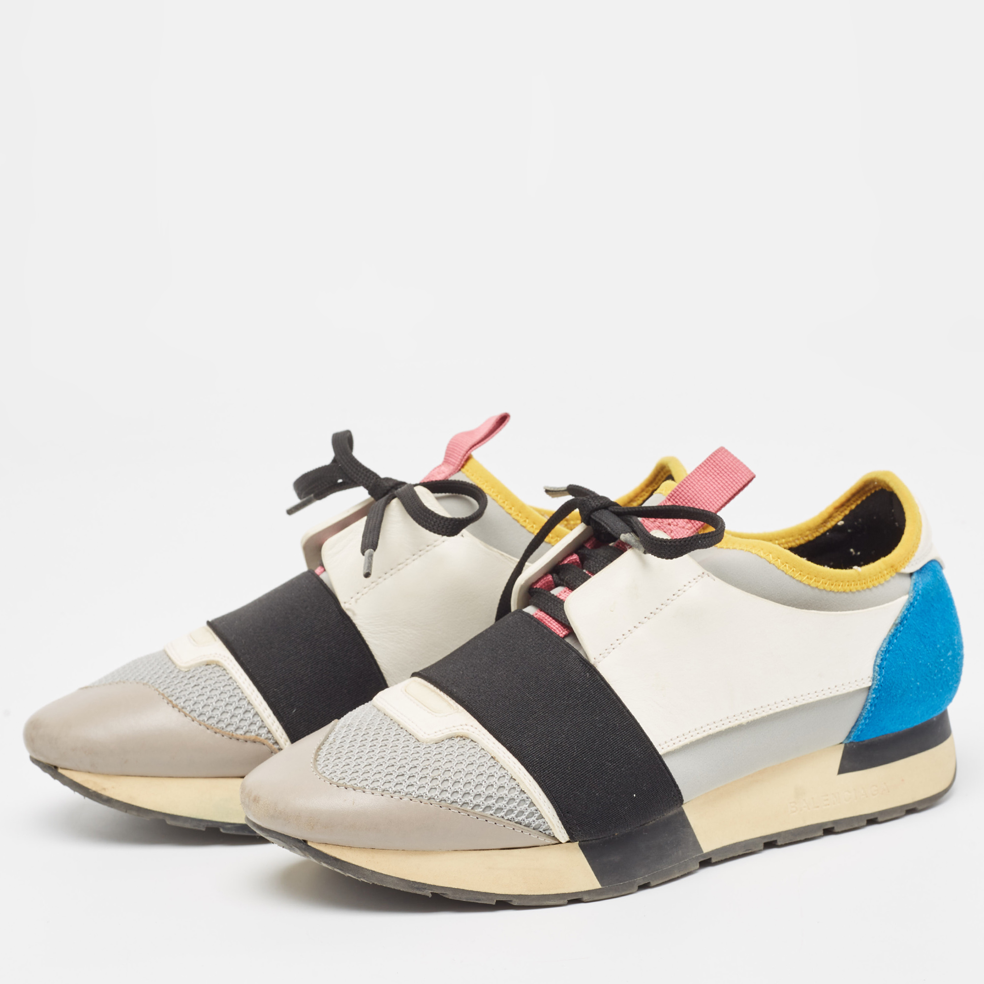 Balenciaga Multicolor Leather and Mesh Race Runner Sneakers Size 38 