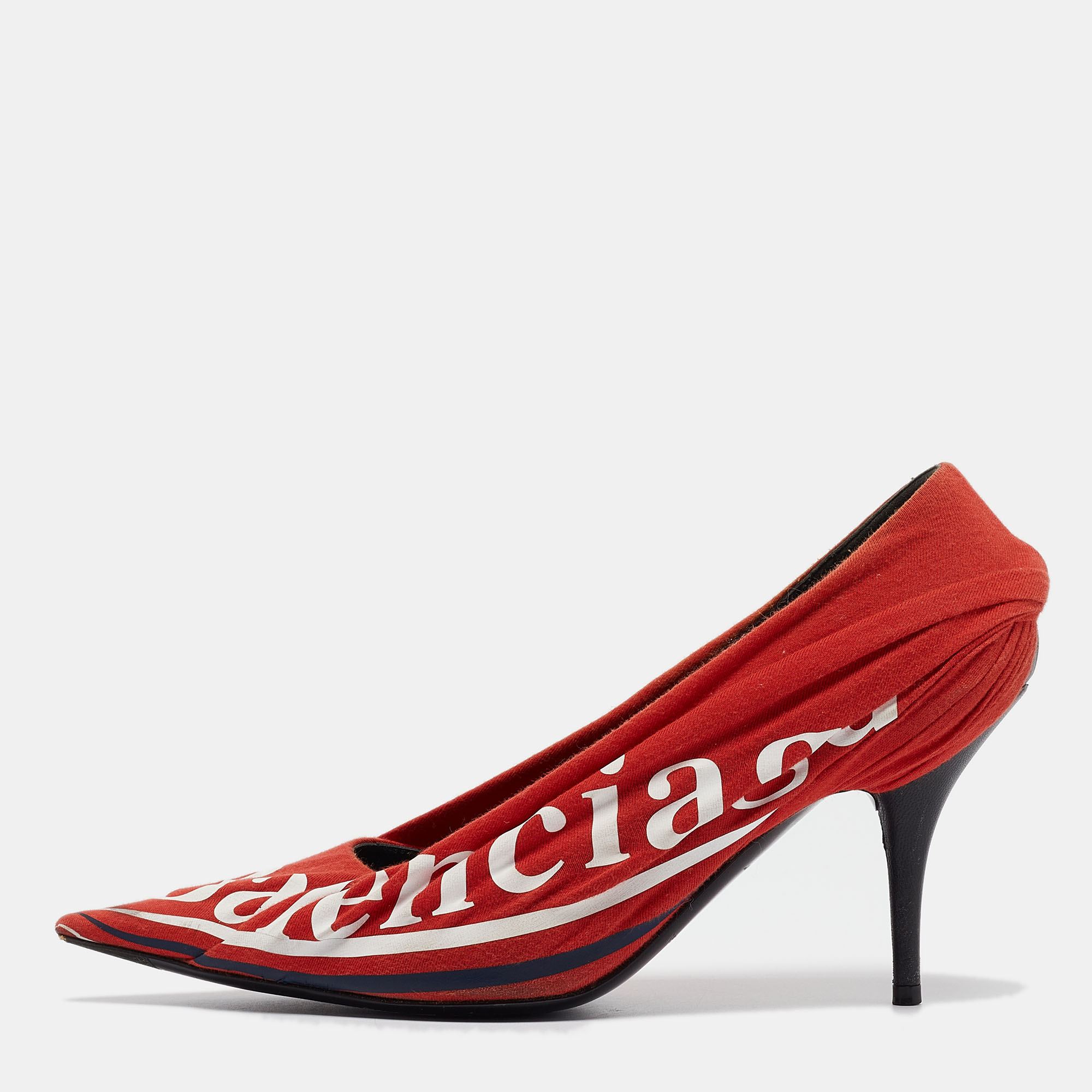 Pre-owned Balenciaga Red Pleated Fabric Logo Print Knife Pumps Size 38