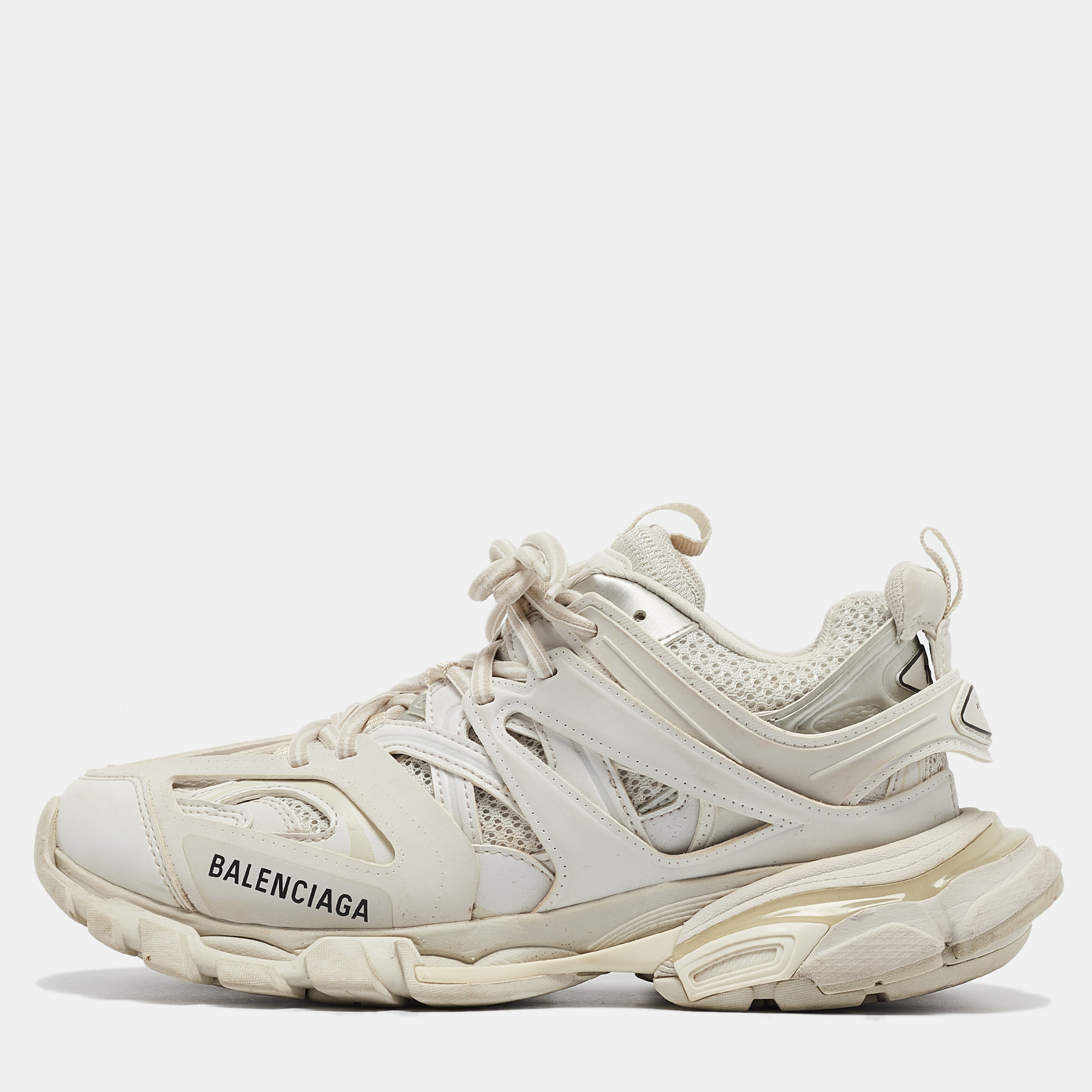 Pre-owned Balenciaga White Faux Leather And Mesh Track Sneakers Size 38
