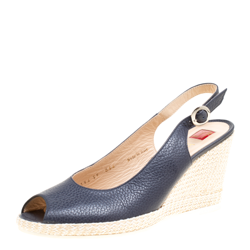 مملوكة مسبقًا Ballin Oxford Blue Leather Braid Detail Wedge Peep Toe Slingback Sandals Size 39