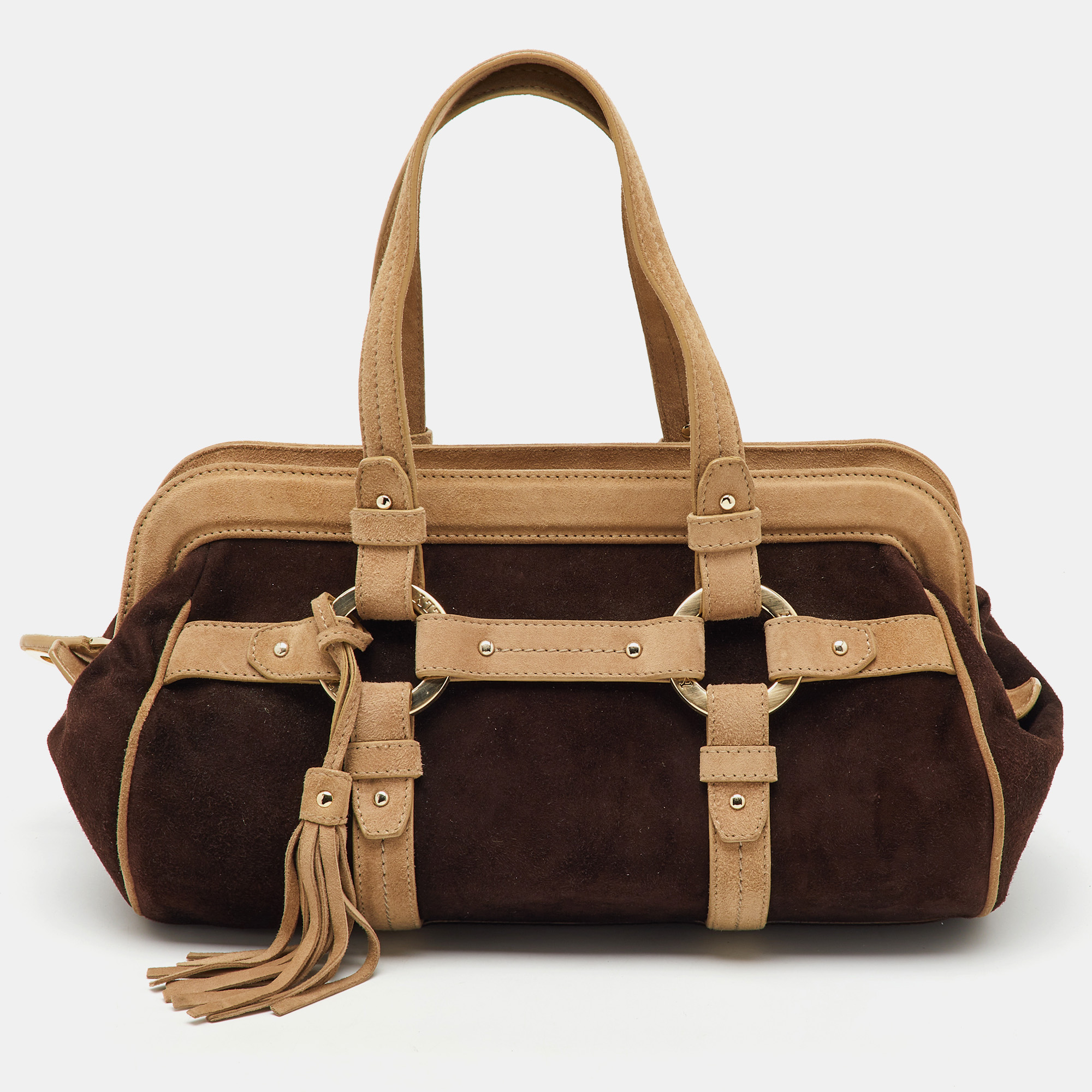 

Bally Dark Brown/Beige Suede Tassel Frame Satchel
