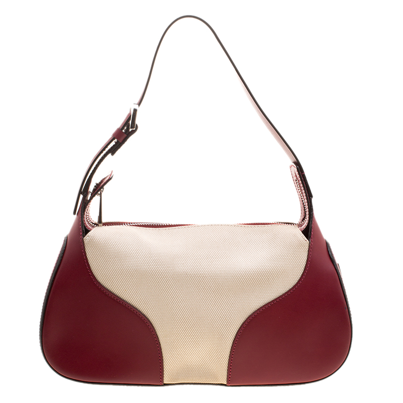 Pre Owned Bally Burgundy and Off-White Leather and Canvas Shoulder Bag