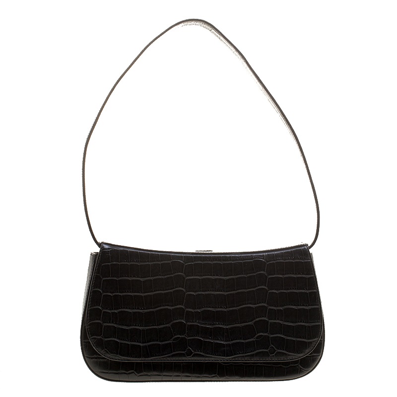 Bally Black Croc Embossed Leather Flap Shoulder Bag