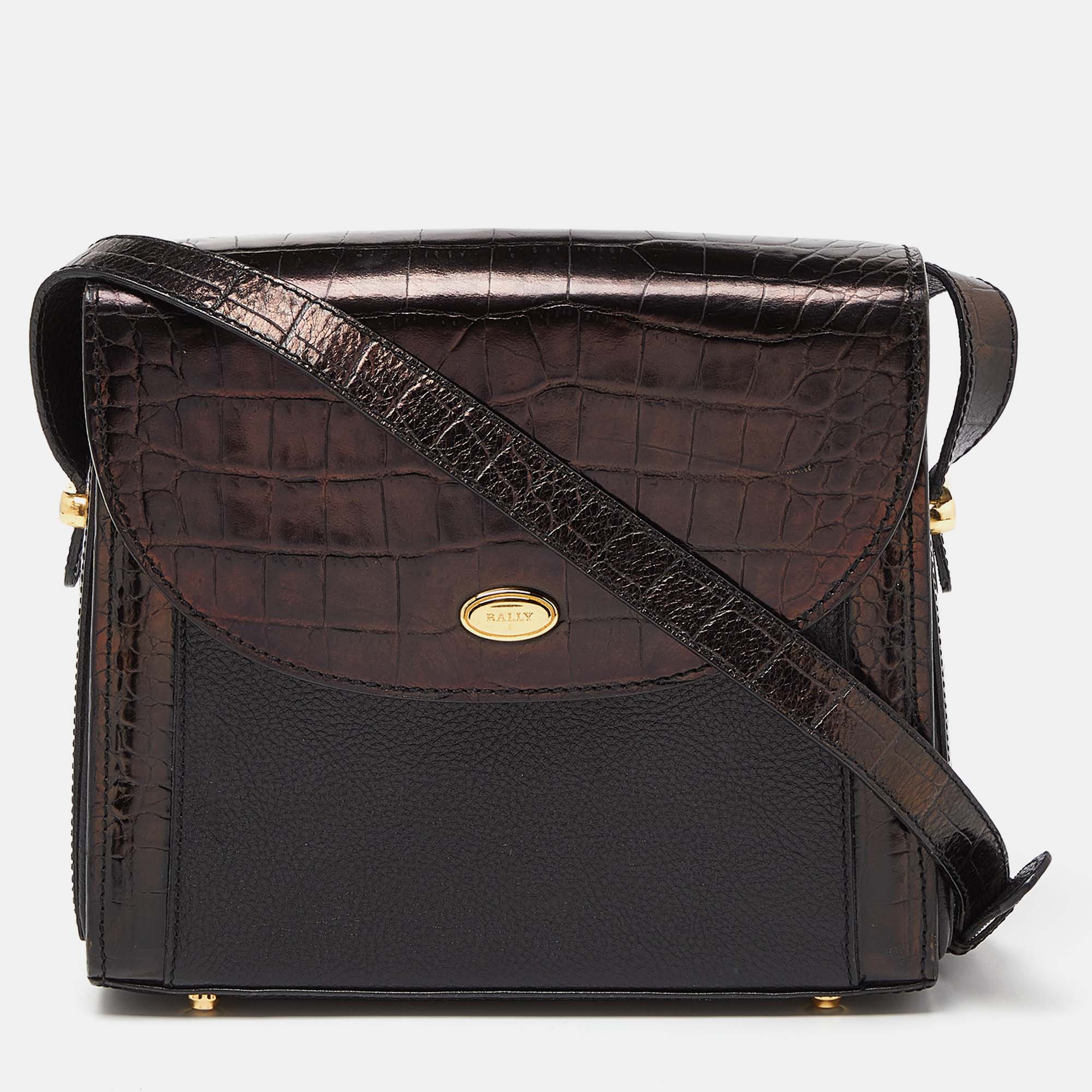 

Bally Black Leather and Croc Embossed Leather Vintage Flap Crossbody Bag