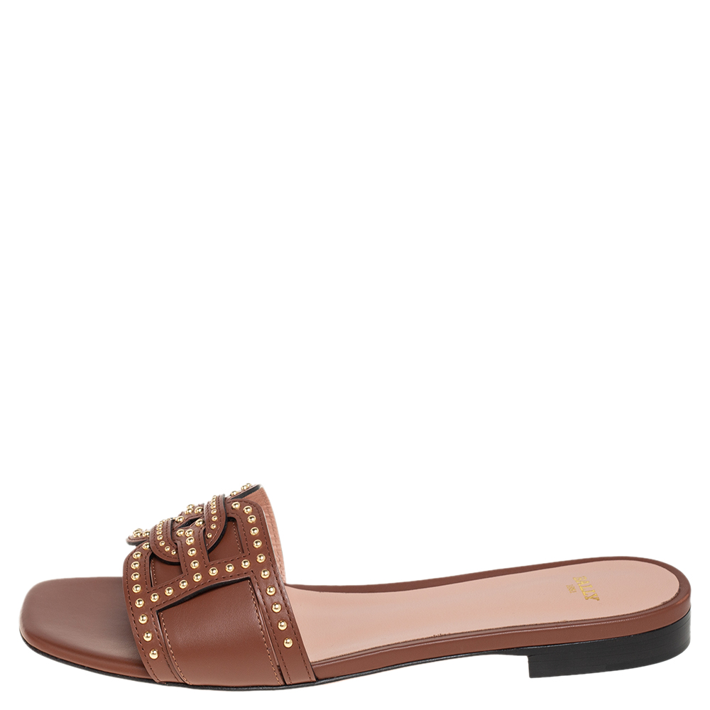 

Bally Brown Leather Peoni Studs Flat Sandals Size