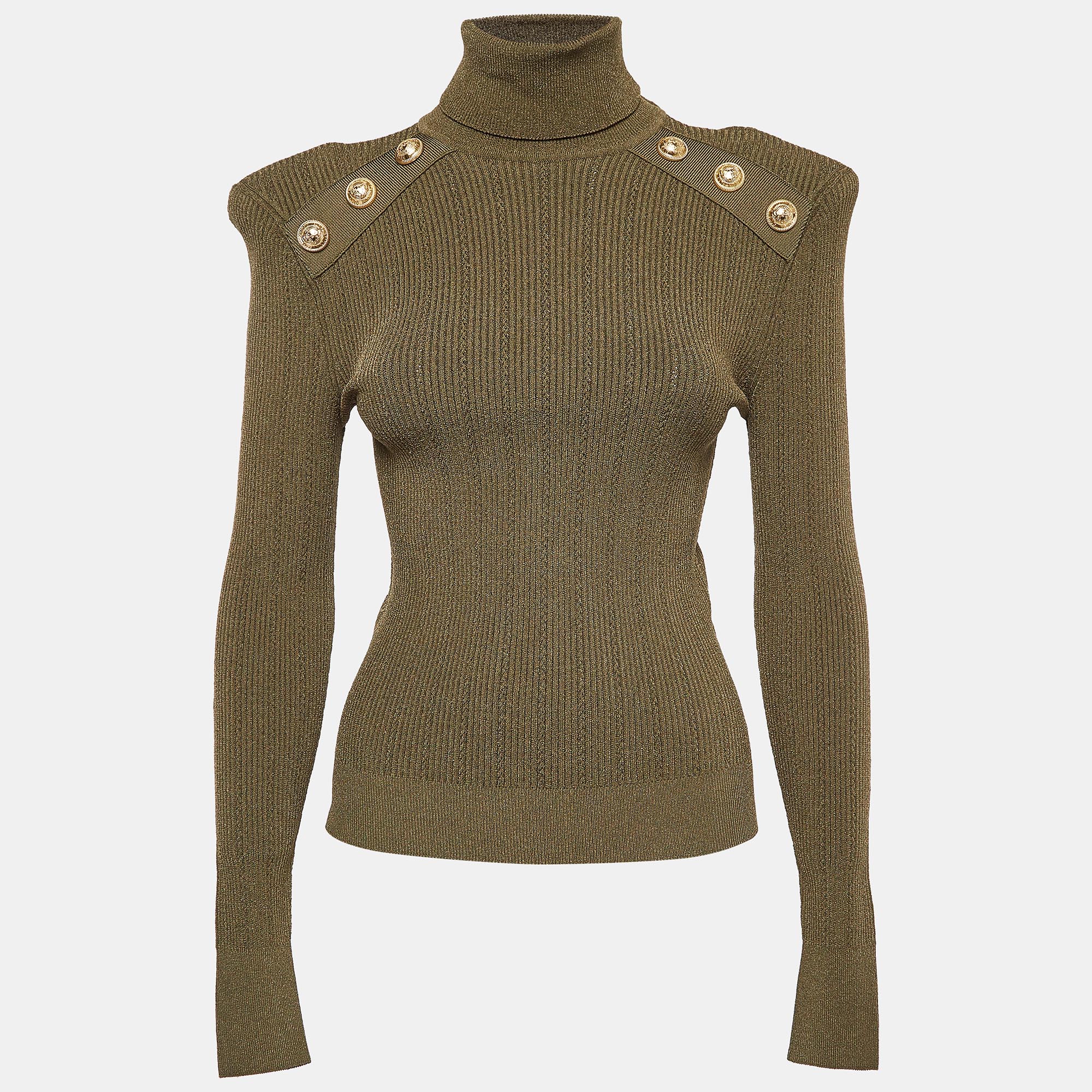 

Balmain Olive Green Knit High Neck Button Detailed Sweater M