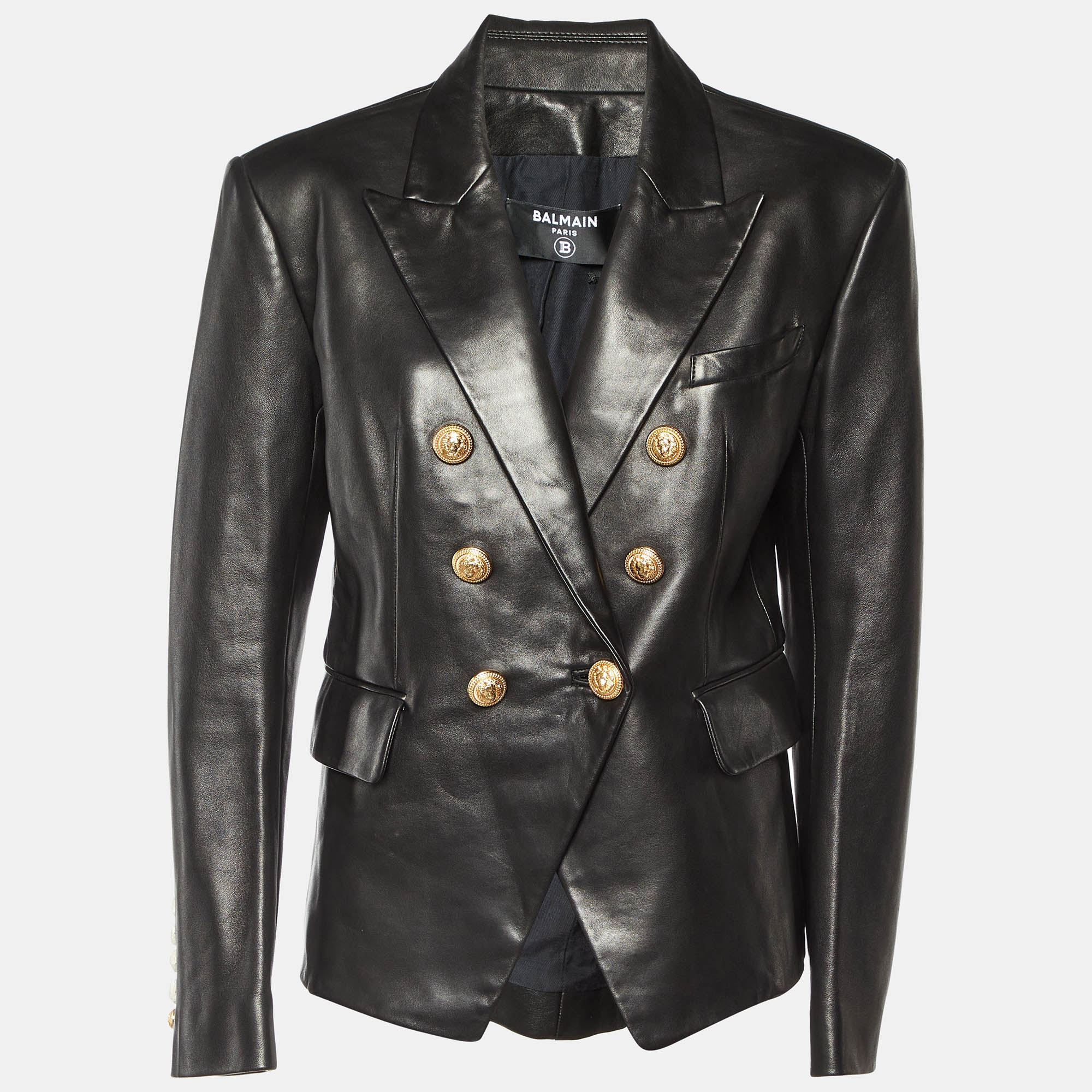 

Balmain Black Leather Double Breasted Jacket XL