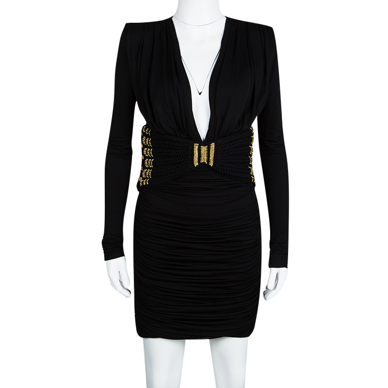 

Balmain Black Crystal Embellished Gathered Long Sleeve Dress