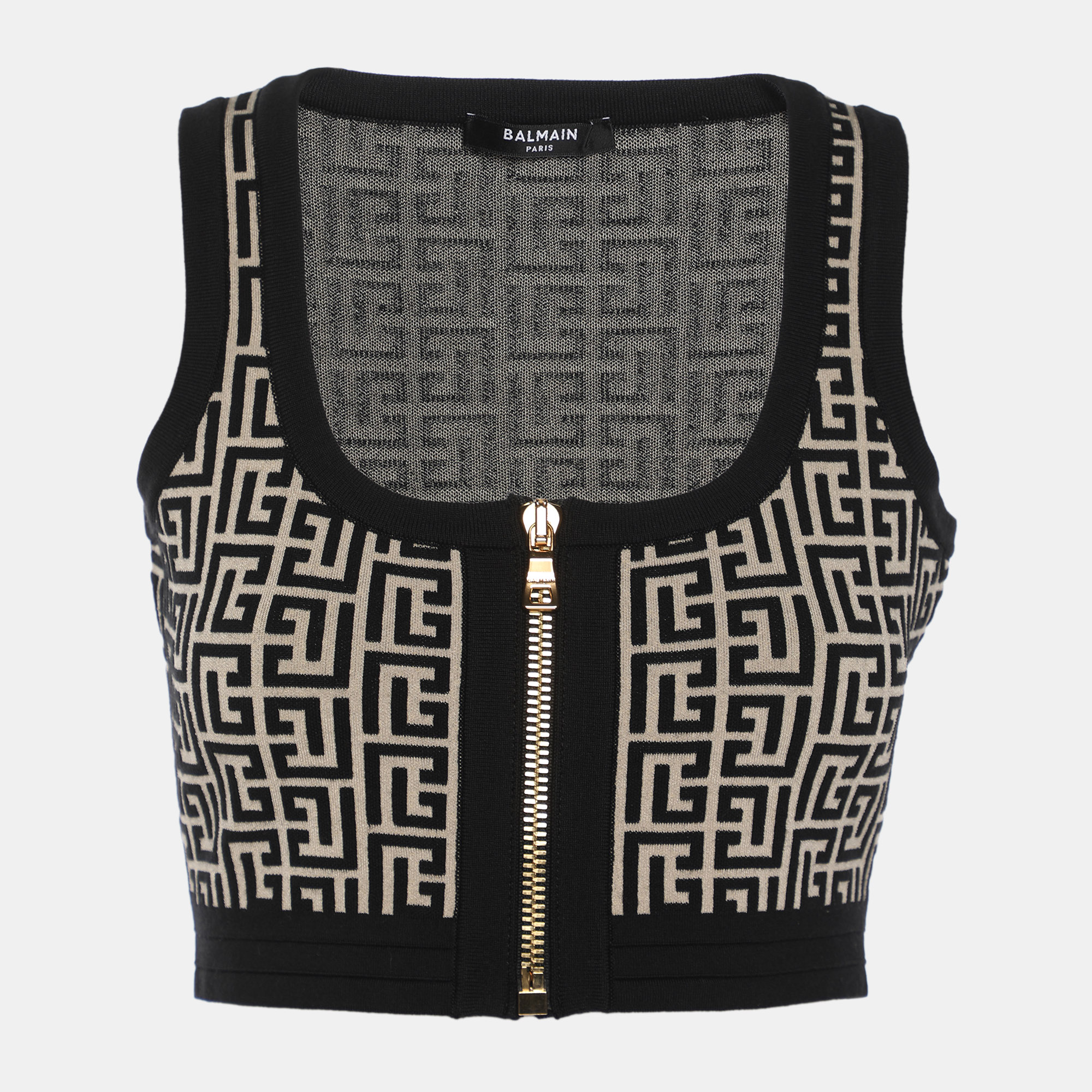 Pre-owned Balmain Black/beige Wool Jacquard Knit Crank Top S