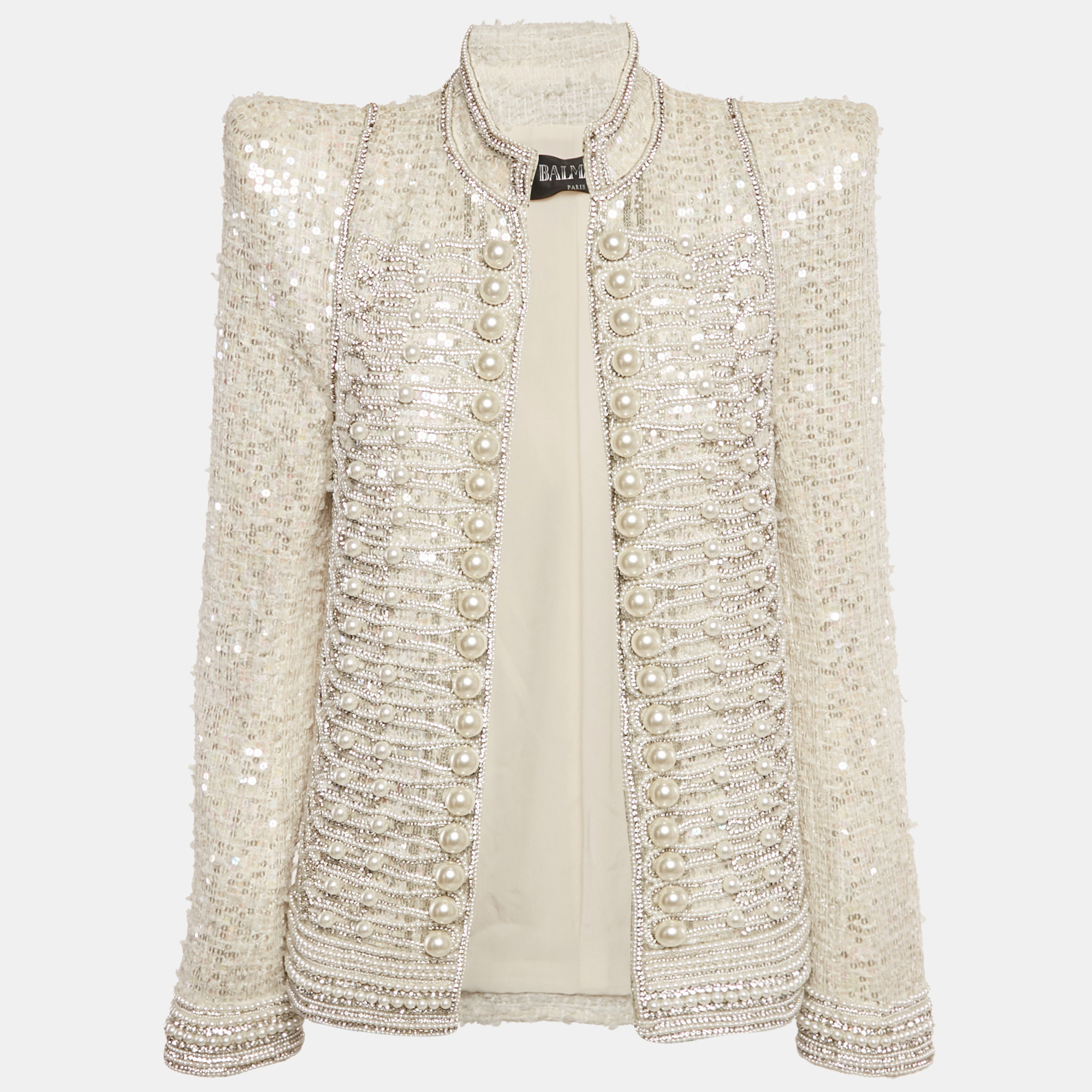Pre-owned Balmain Off White Tweed Embellished Open Front Jacket M