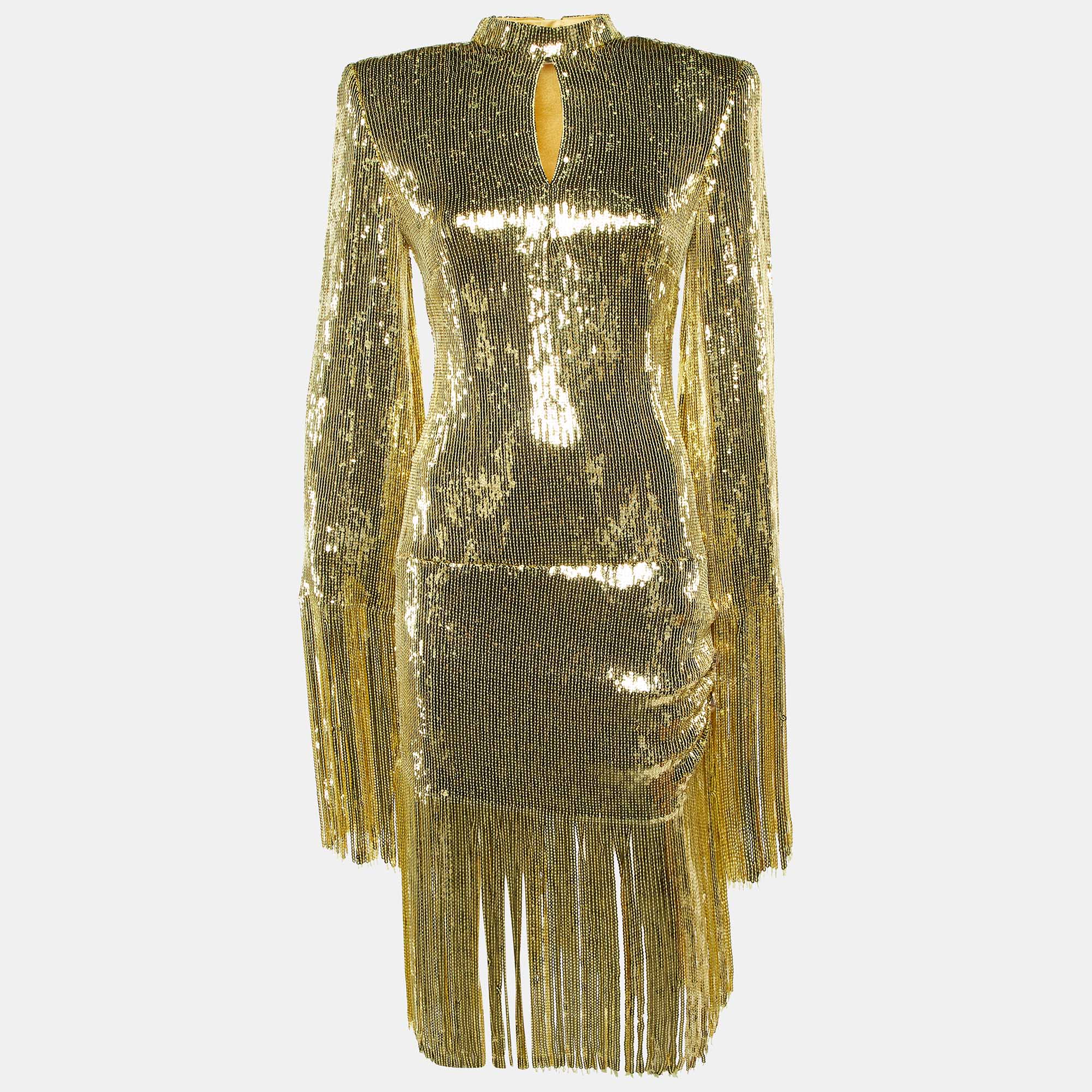 Pre-owned Balmain Gold Sequin Fringed Midi Dress M