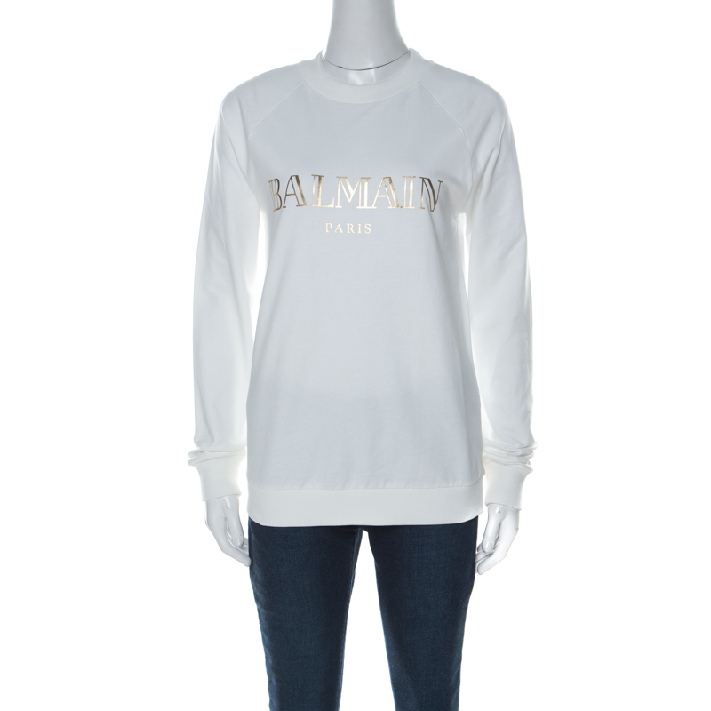 Pre Owned Balmain Off White Cotton Gold Logo Detail Sweatshirt M