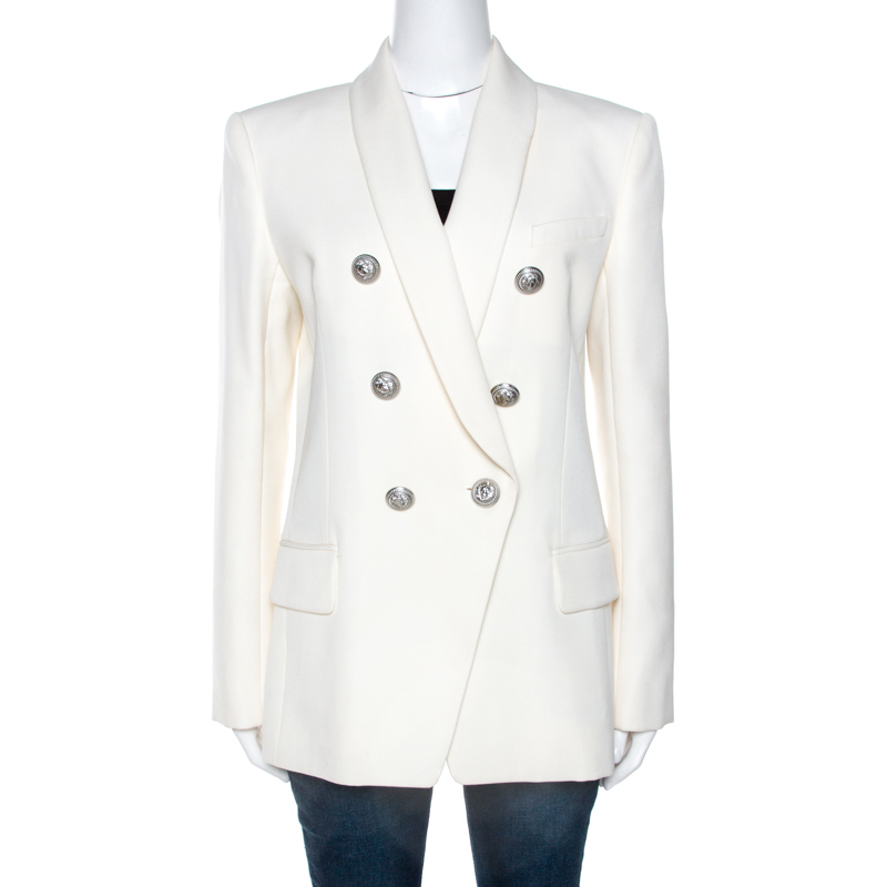 Pre-owned Balmain Off White Wool Double Breasted Blazer M