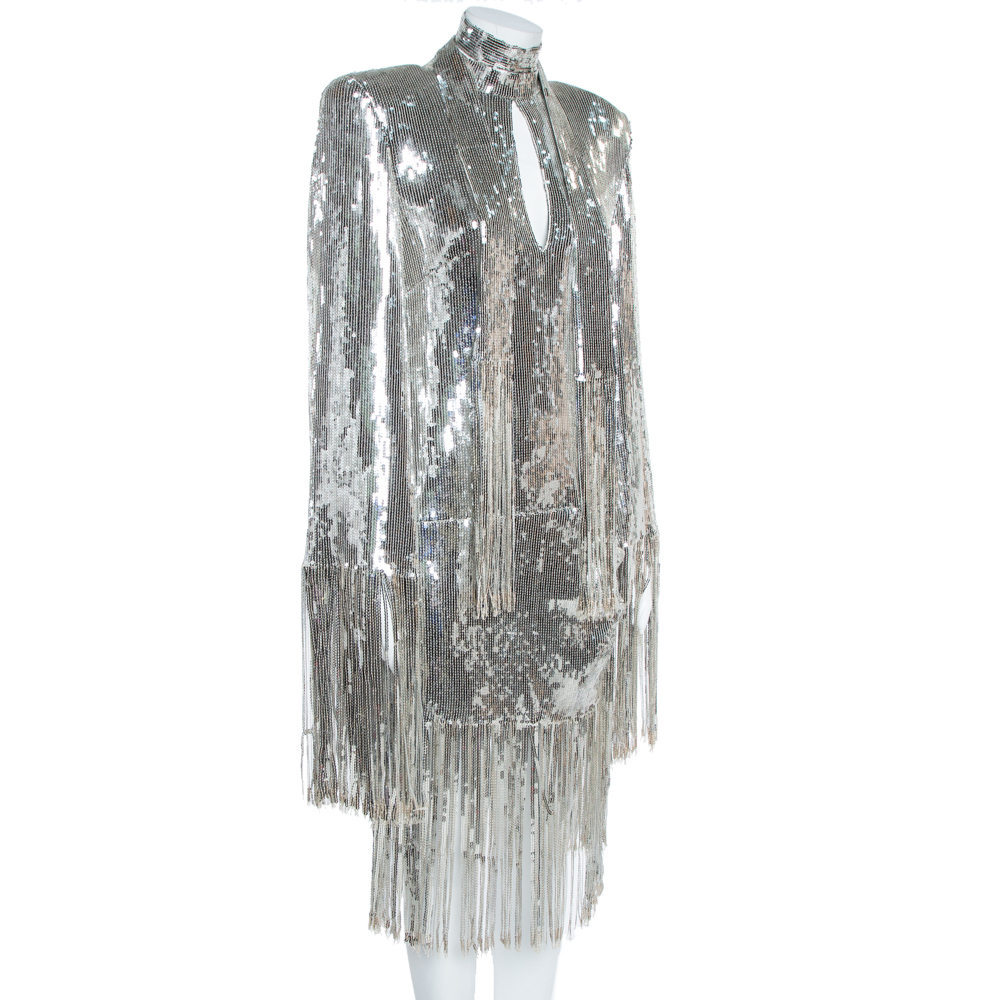

Balmain Silver Sequined Fringed Scarf Dress