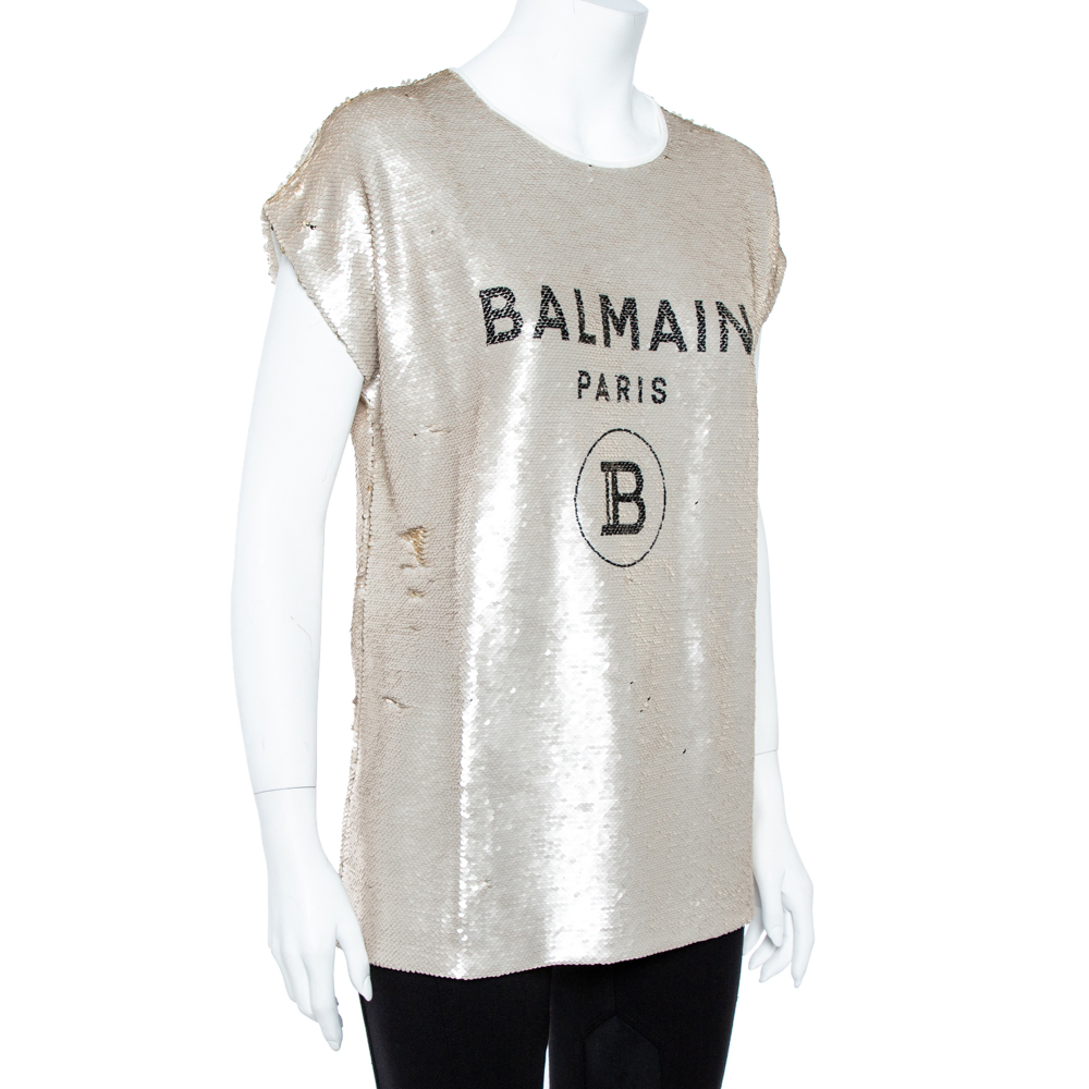 

Balmain Pale Gold Sequined Logo Top