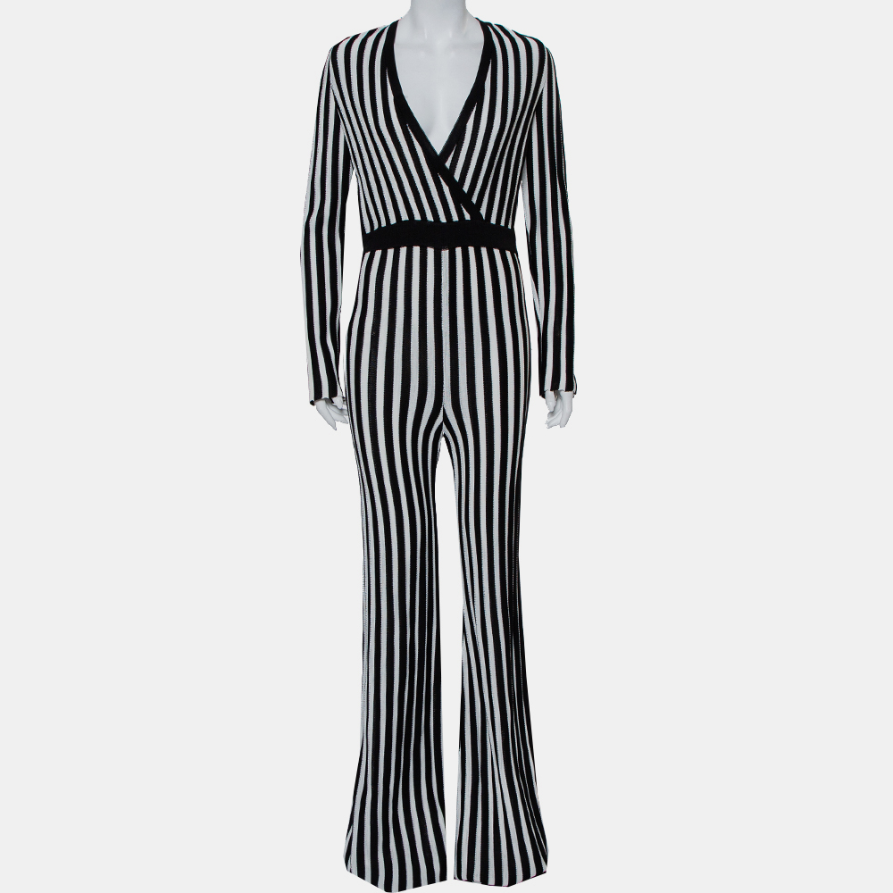 Pre-owned Balmain Monochrome Striped Knit Faux Wrap Jumpsuit M In Black