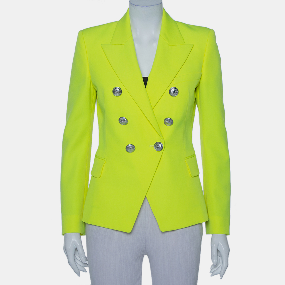 Pre-owned Balmain Neon Yellow Wool Double Breasted Button Front Blazer M