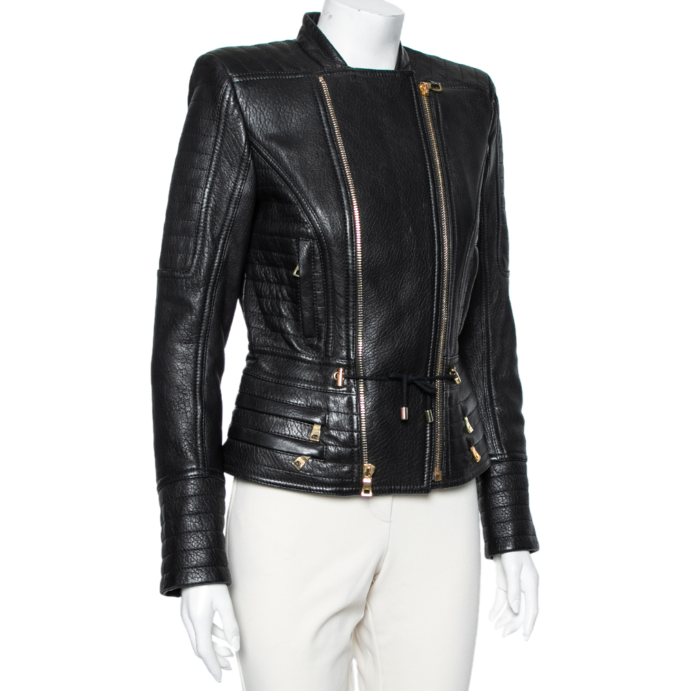 

Balmain Black Leather Zip Front Biker Jacket