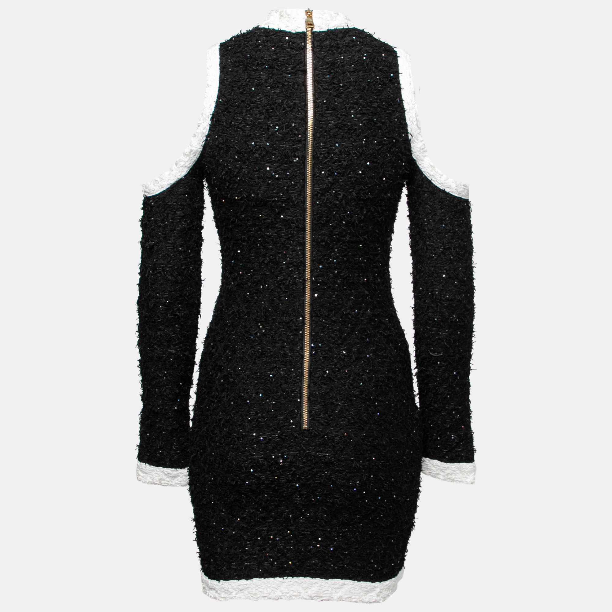 

Balmain Black Sequin Embellished Boucle Cold Shoulder Short Dress
