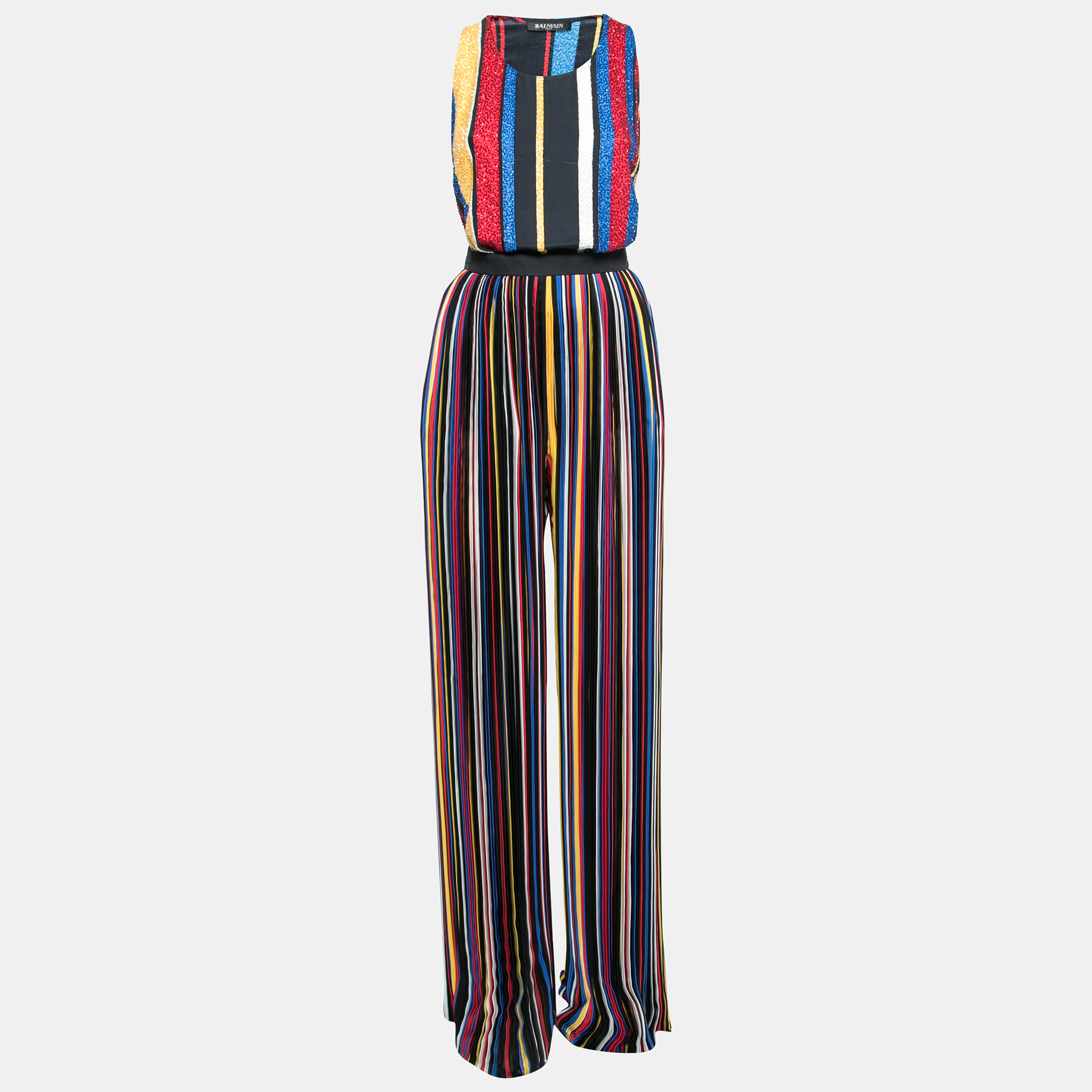 

Balmain Multicolor Striped Silk Bead Embellished Top & Pleated Pant Set