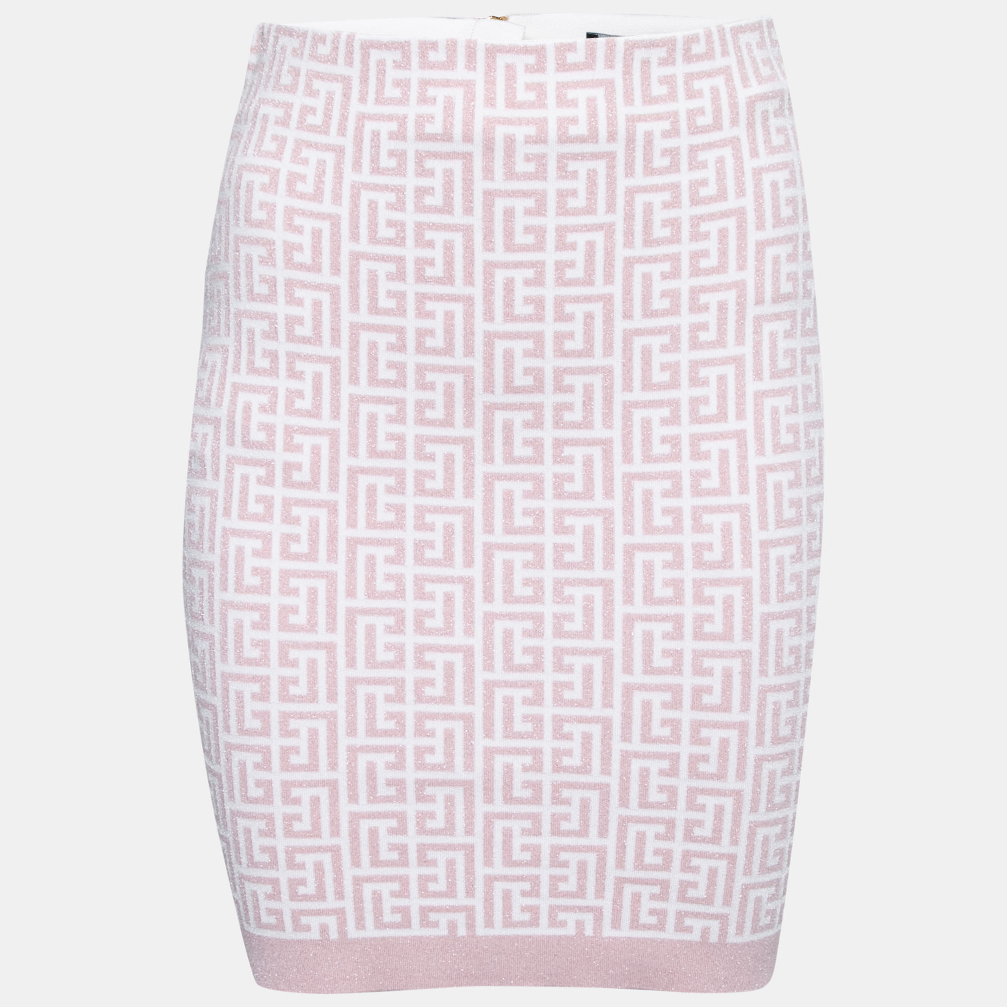 Pre-owned Balmain Pink Jacquard Lurex Knit Mini Skirt M