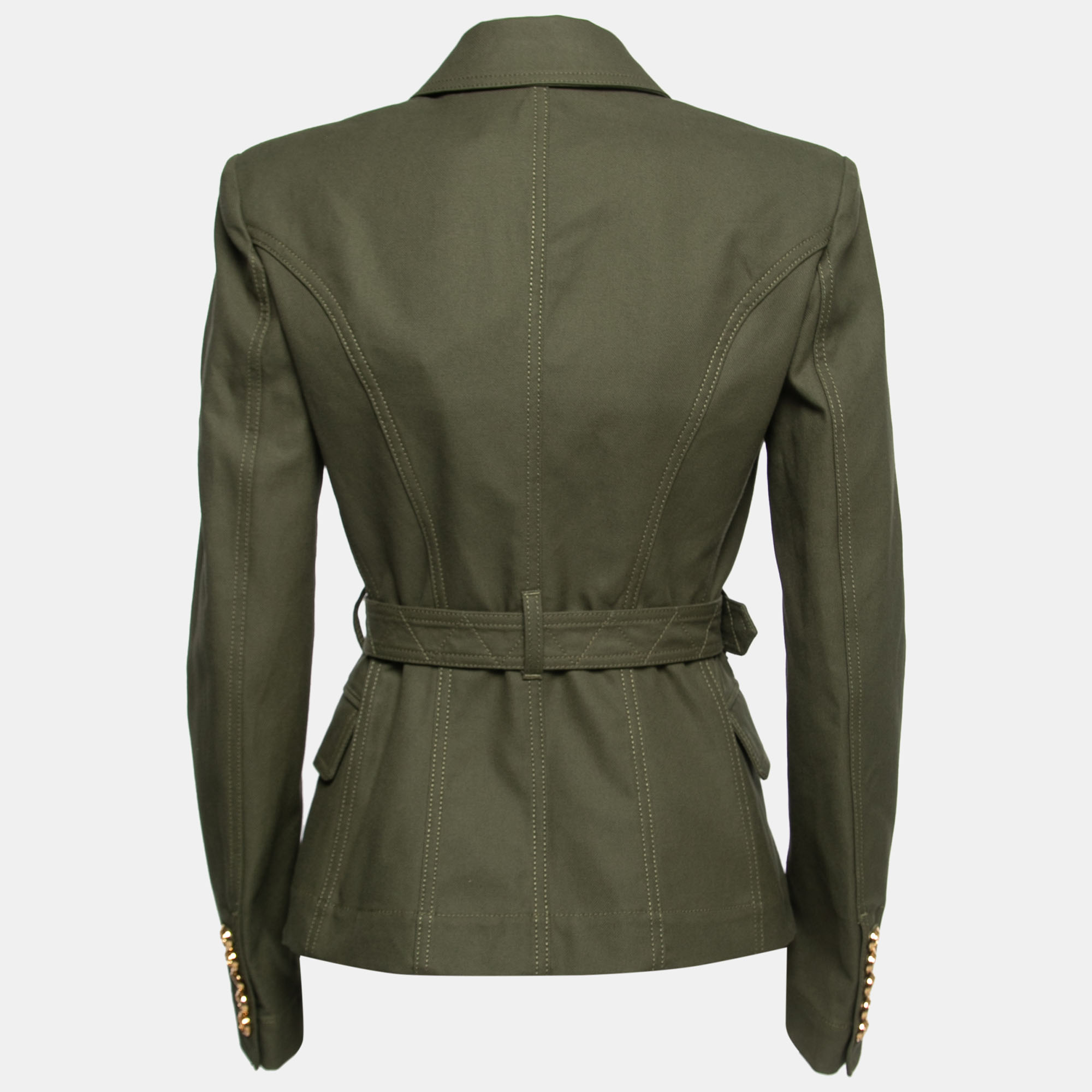 

Balmain Olive Green Cotton Double Breasted Belted Blazer