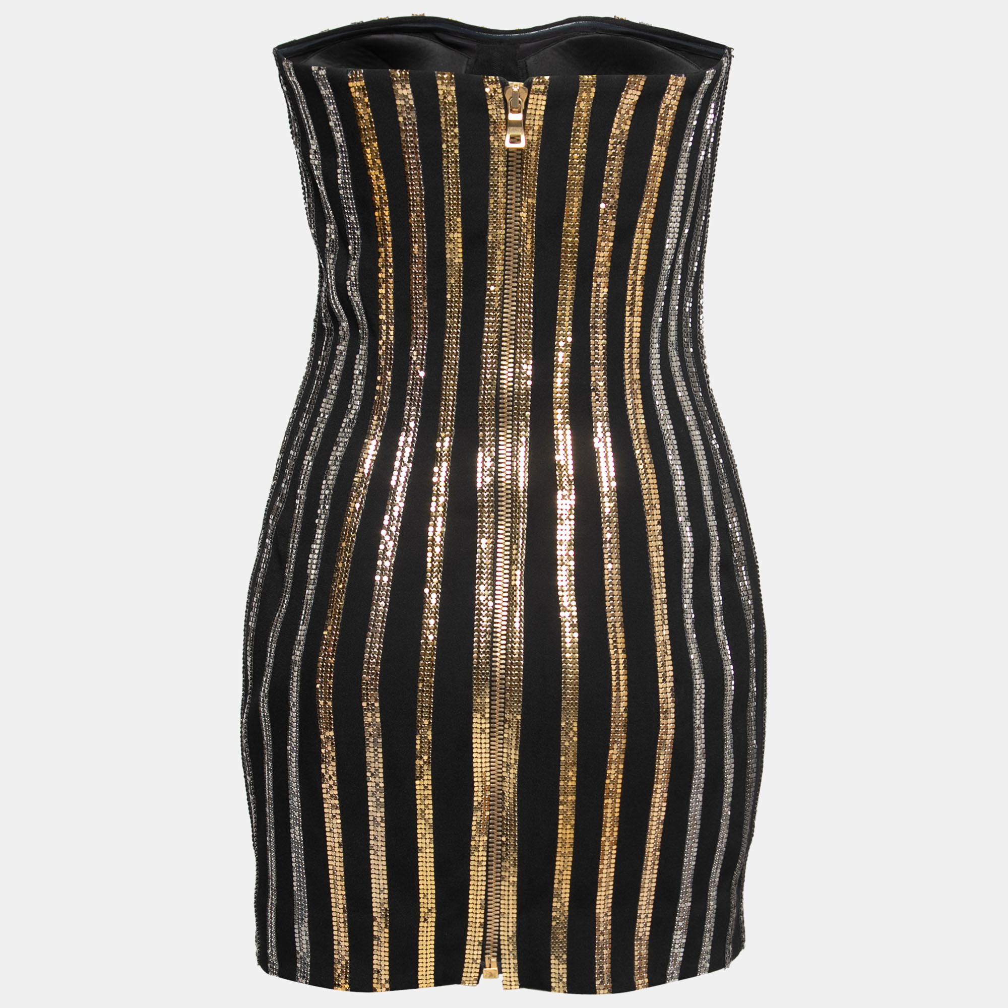 

Balmain Black Crepe Gold Striped Embellished Strapless Mini Dress