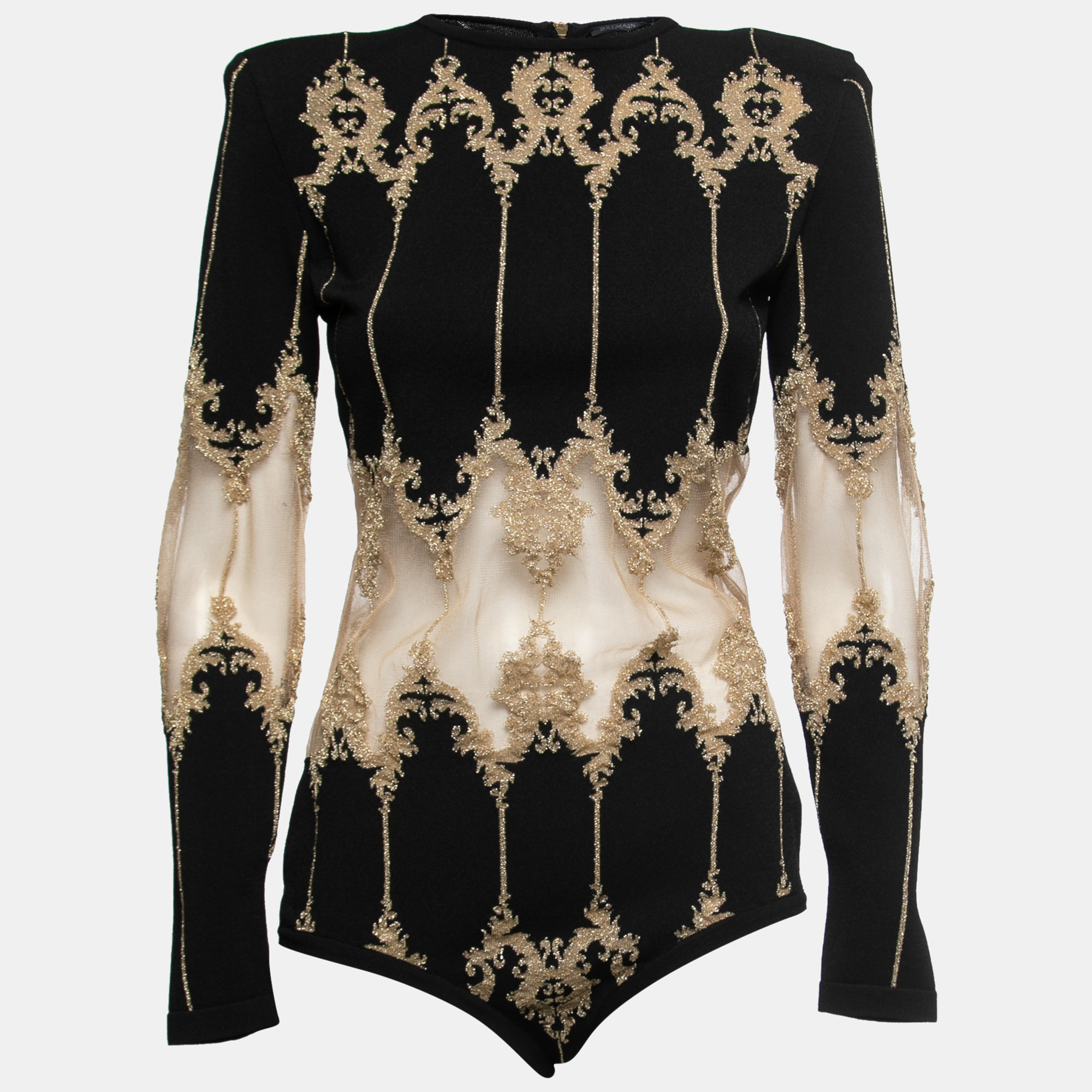 

Balmain Black Stretch-Knit Metallic Tulle Paneled Bodysuit L