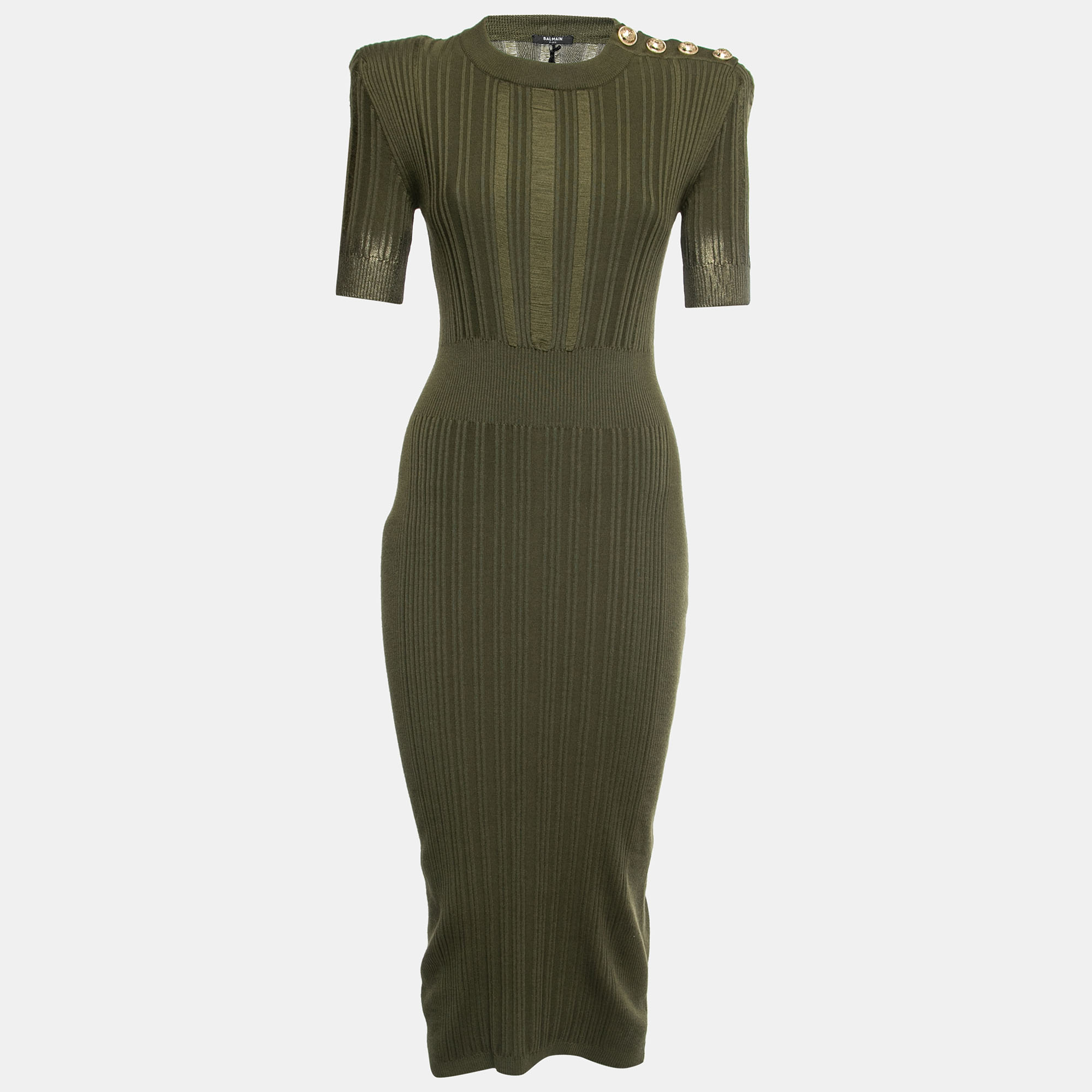 

Balmain Olive Green Stretch Knit Midi Dress M