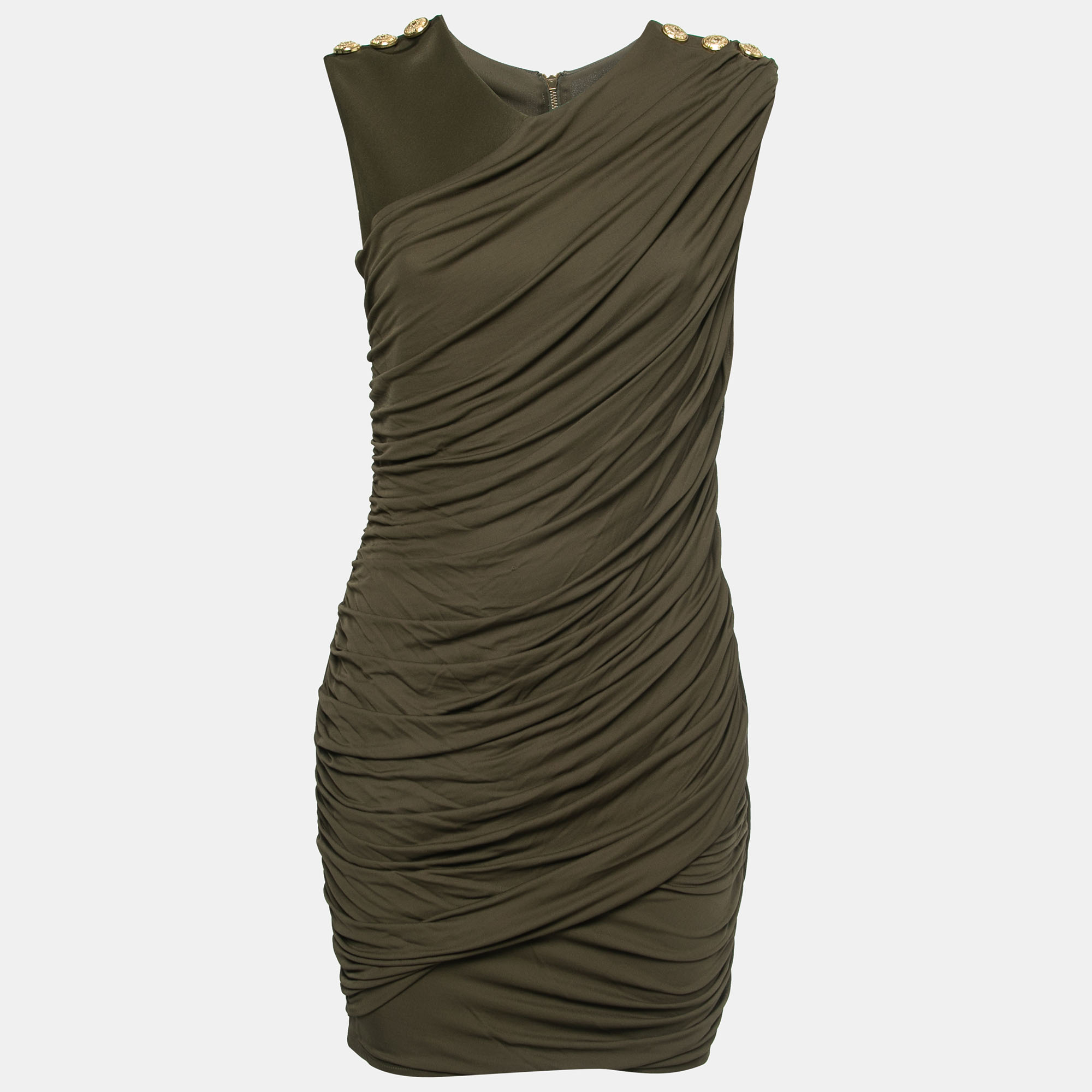 

Balmain Olive Green Stretch Knit Ruched Mini Dress M