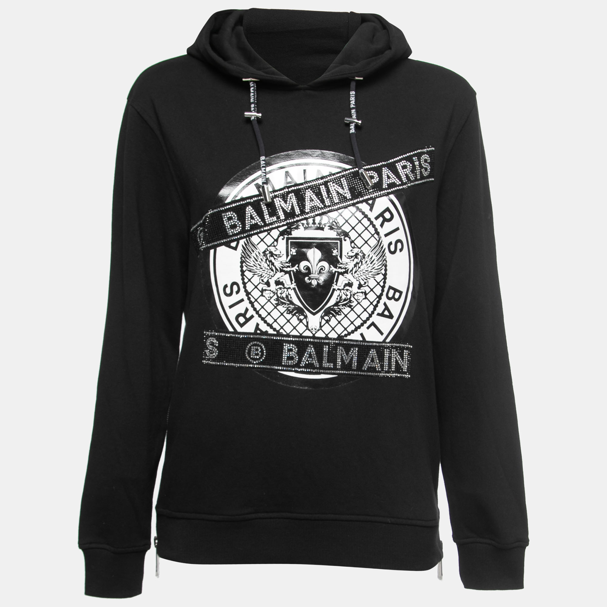 Pre-owned Balmain Black Cotton Rhinestone Embellished Hooded Sweatshirt S