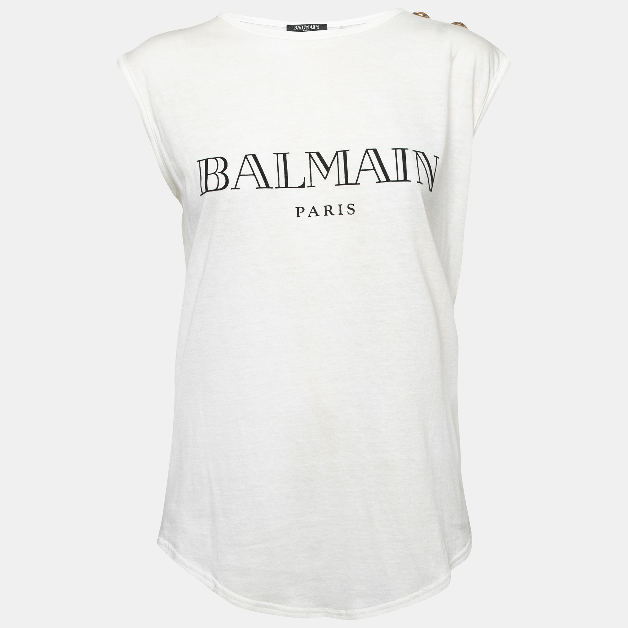 Pre-owned Balmain Cream Logo Print Jersey Button Detail T-shirt M