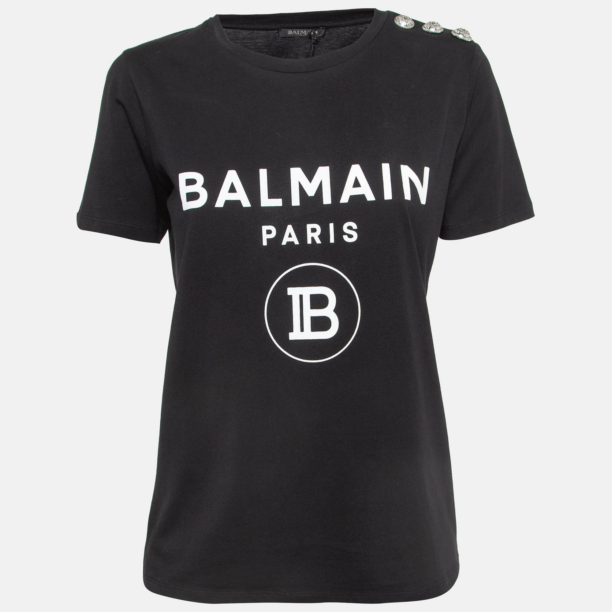

Balmain Black Logo Print Cotton Button Embellished T-Shirt