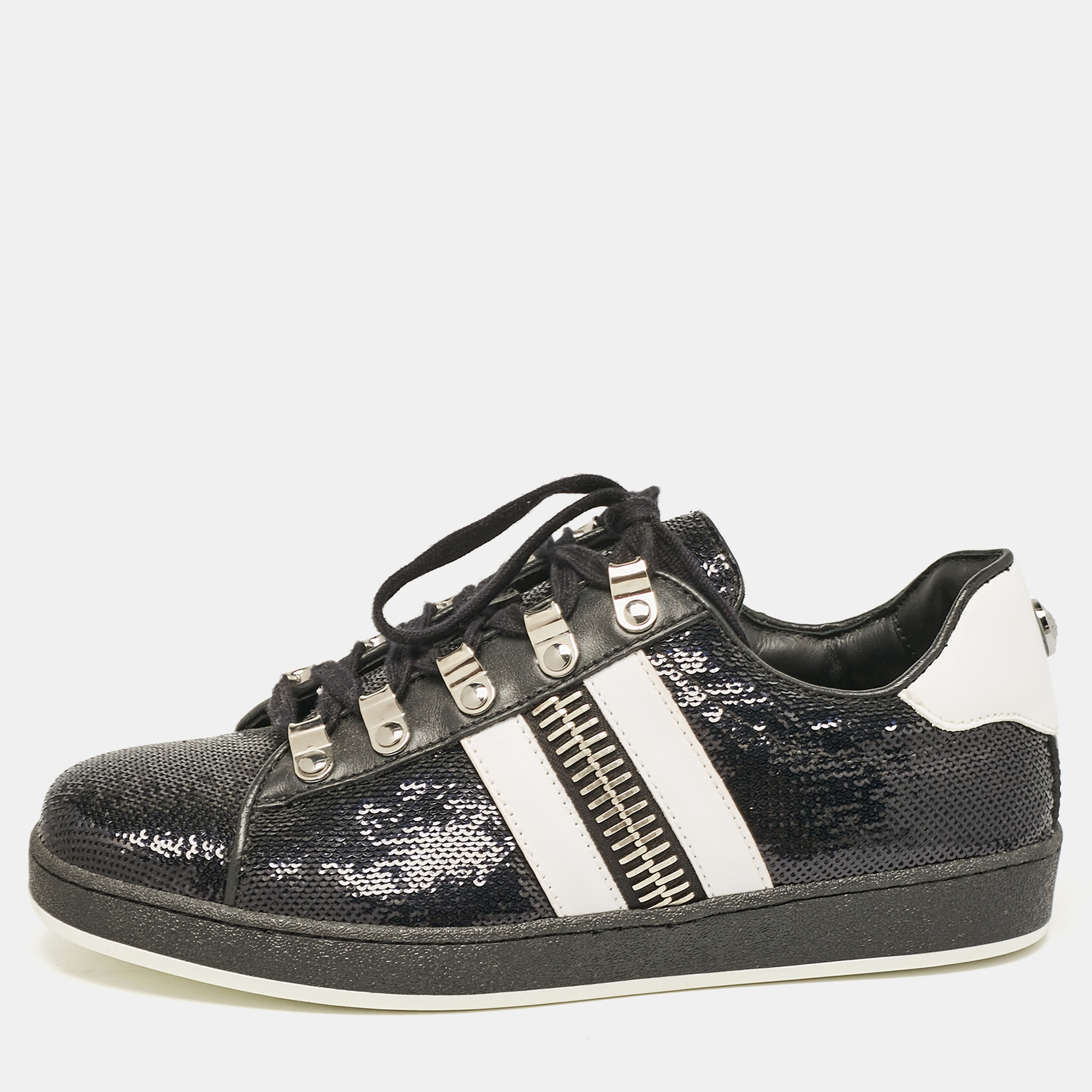 

Balmain Black/White Leather and Sequins Lace Up Sneakers Size