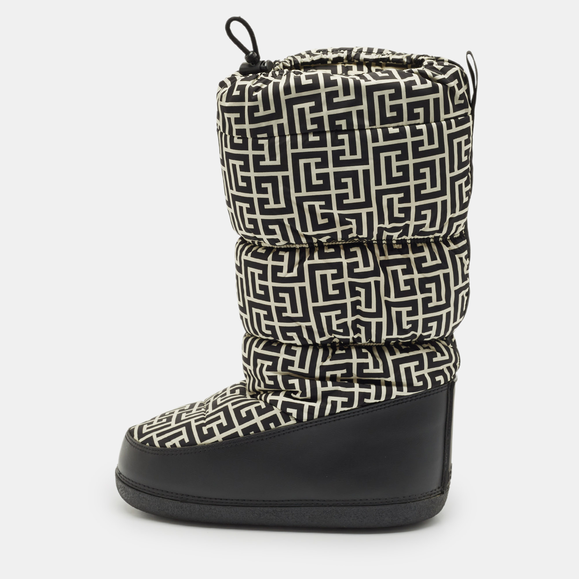 Pre-owned Balmain Black/white Fabric And Leather Monogram Polyamide Snow Boots Size 38- 40