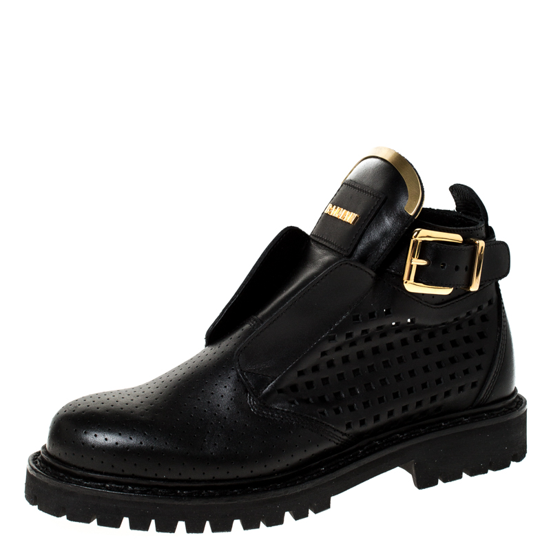 Pre Owned Balmain Black Peforated Leather Ankle Boots Size 36