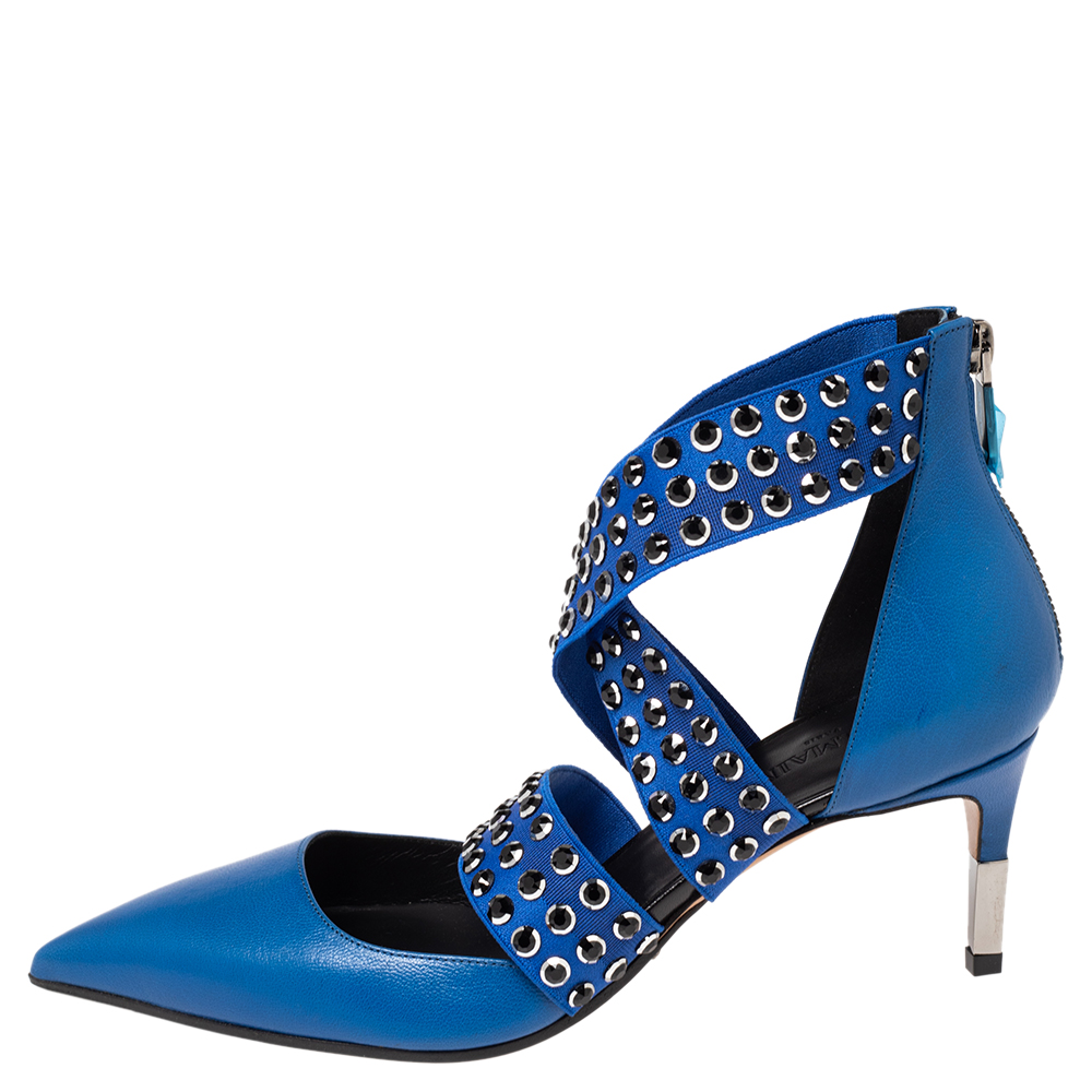 

Balmain Blue Leather And Elastic Crystal Embellished Pointed Toe Sandals Size