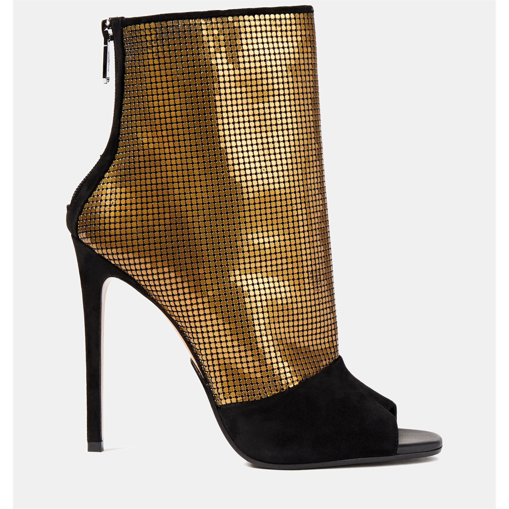 

Balmain Suede and Chainmail Peep Toe Ankle Boots, Black