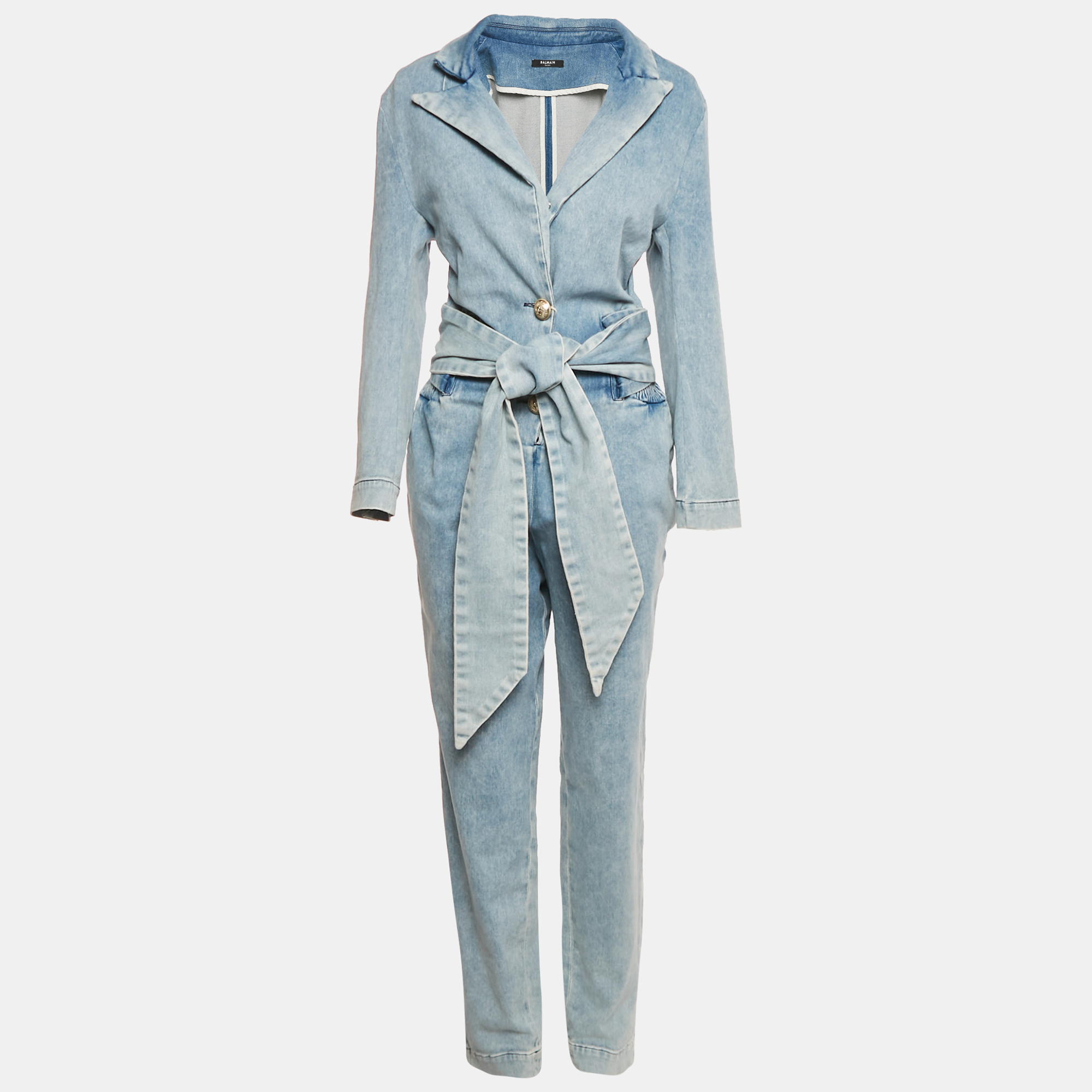 Pre-owned Balmain Blue Denim Belted Jumpsuit L