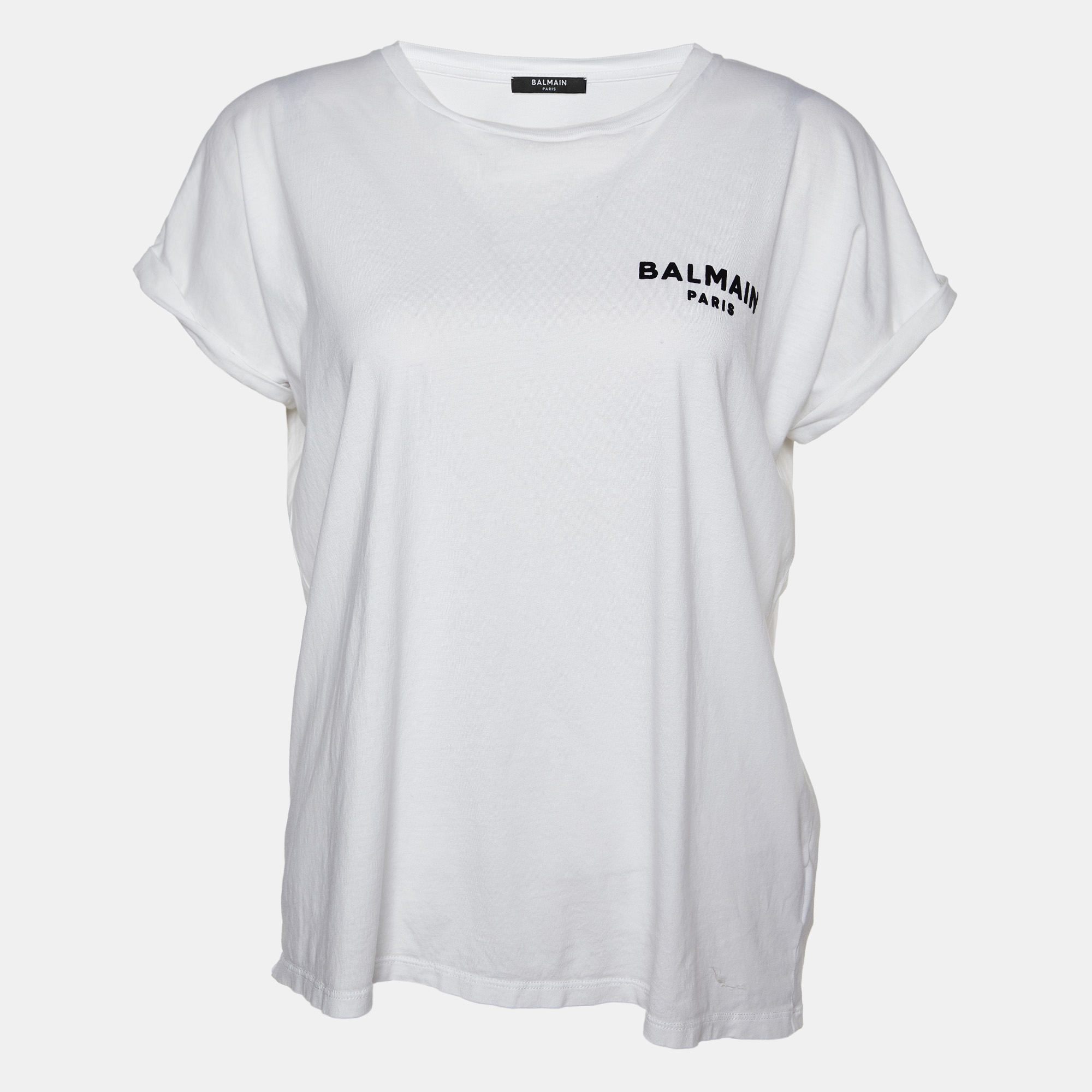 

Balmain White Logo Flock Print Cotton Crew Neck T-Shirt S